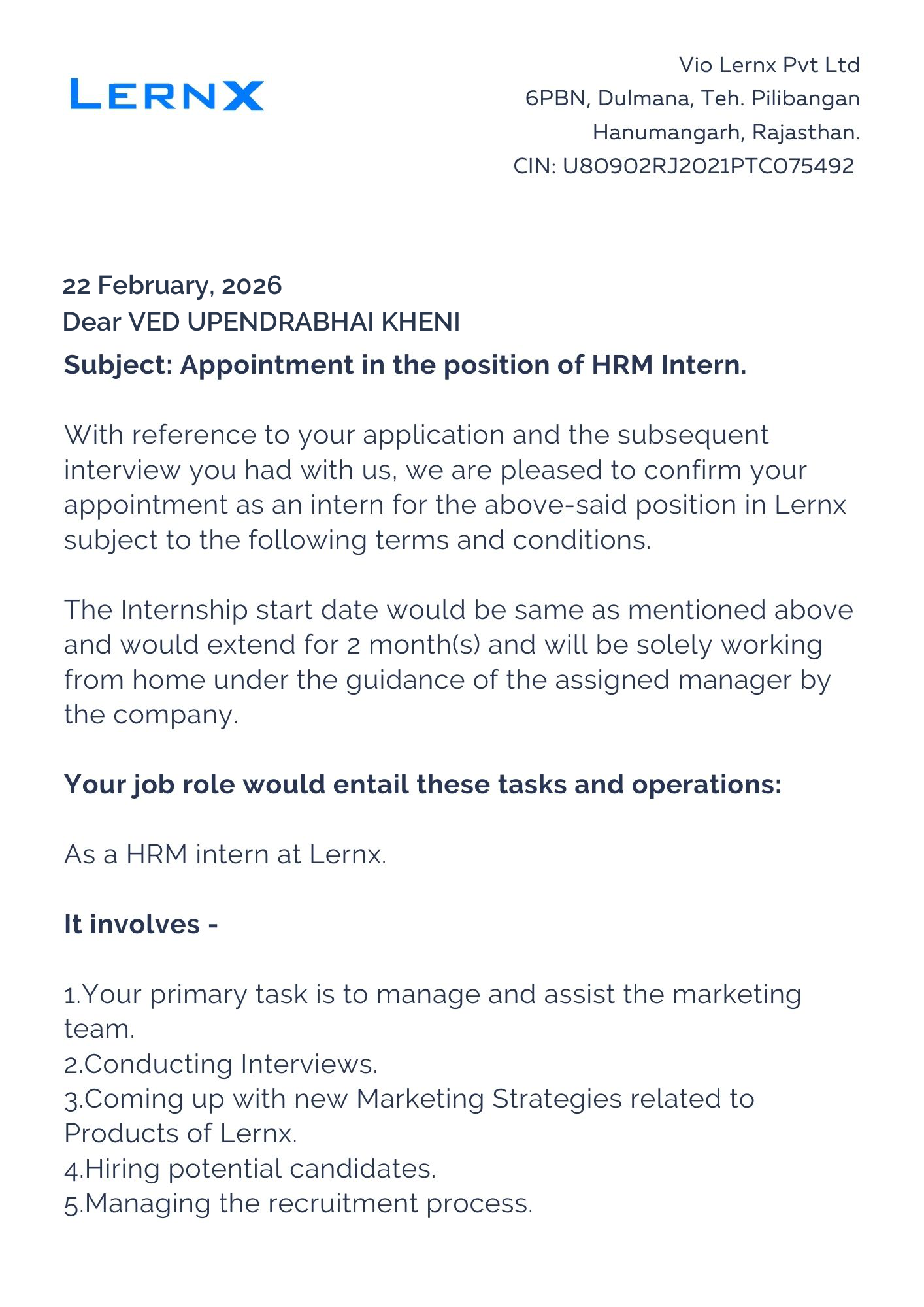 lernx Offer Letter Page 1