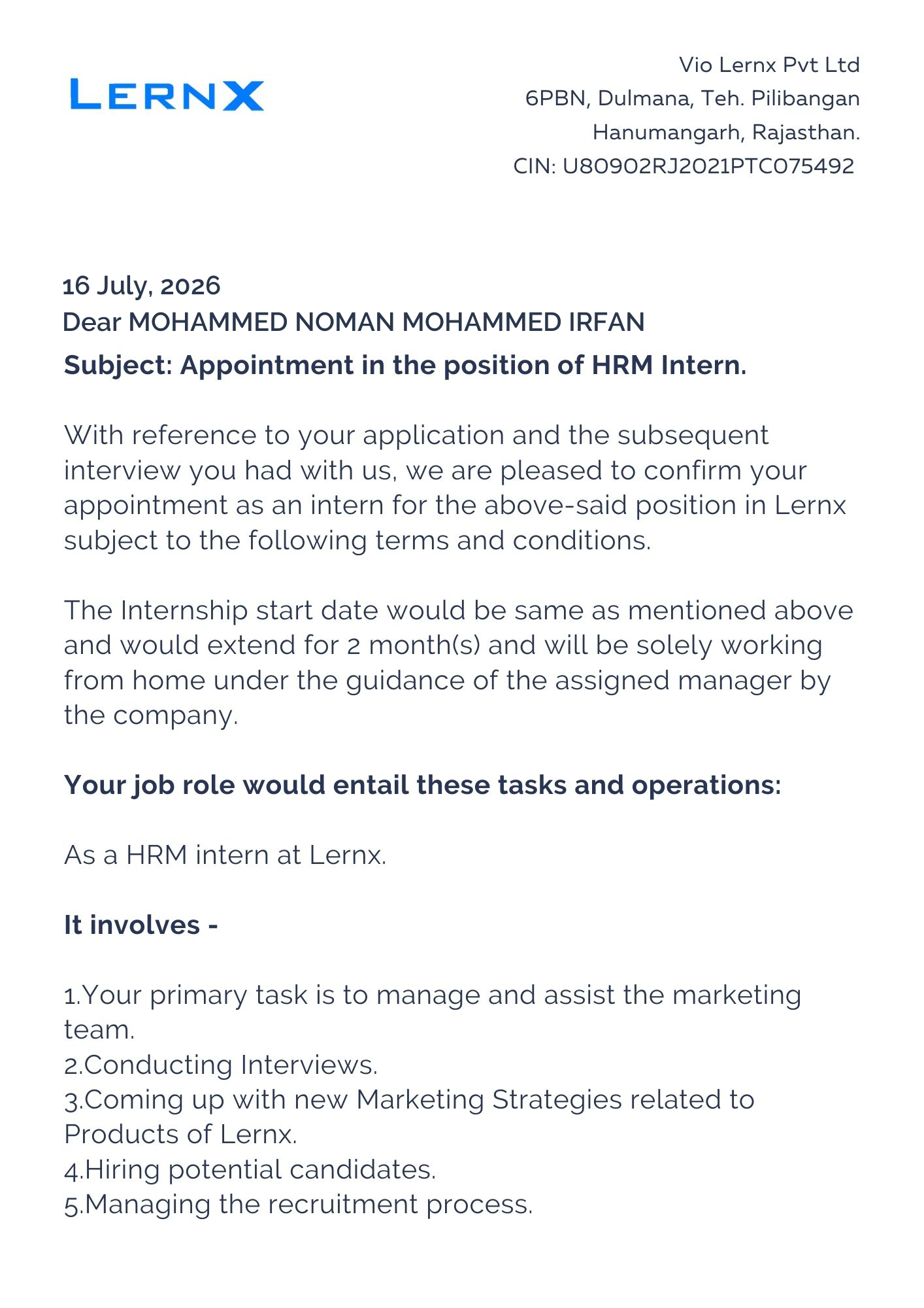 lernx Offer Letter Page 1