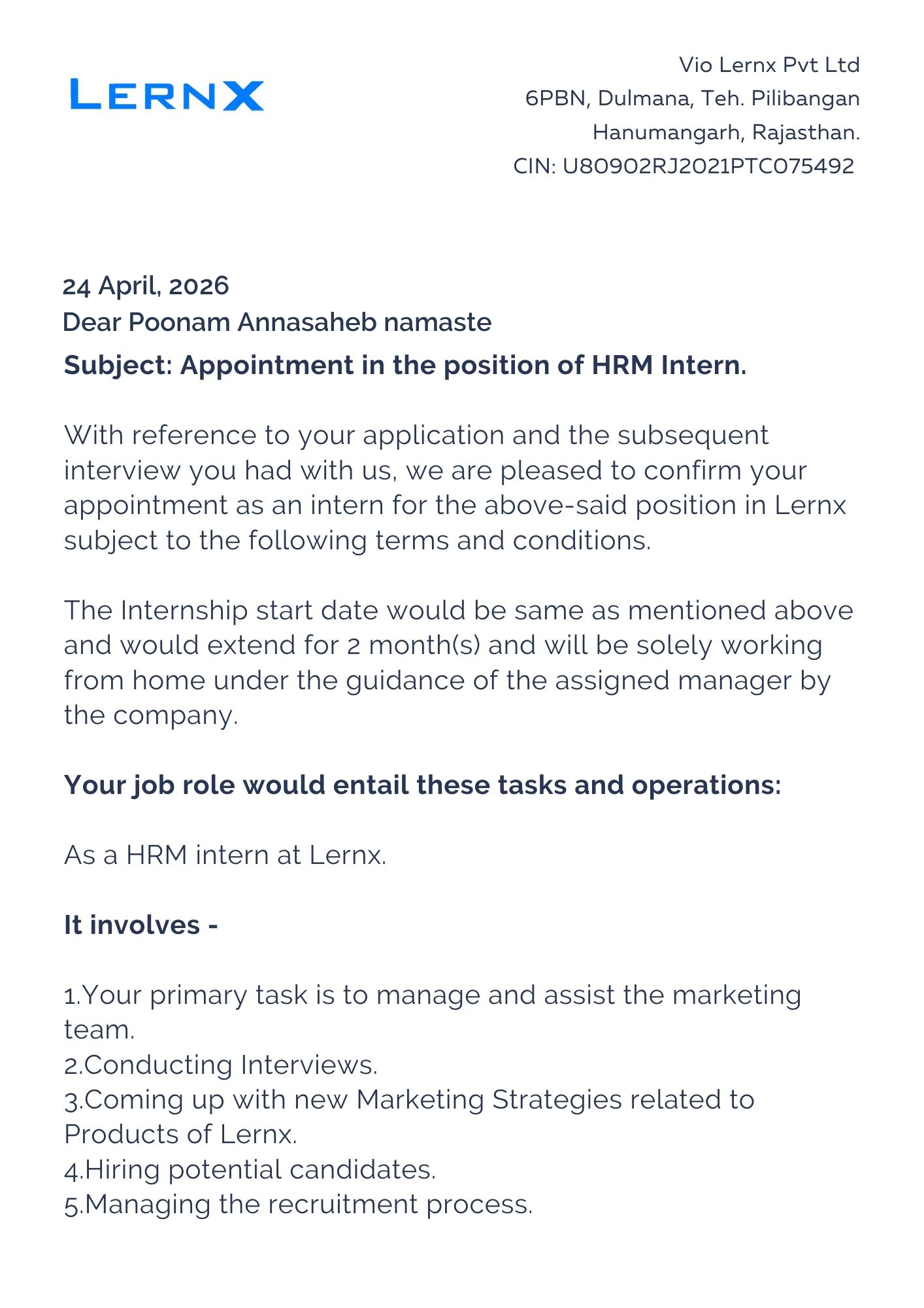 lernx Offer Letter Page 1