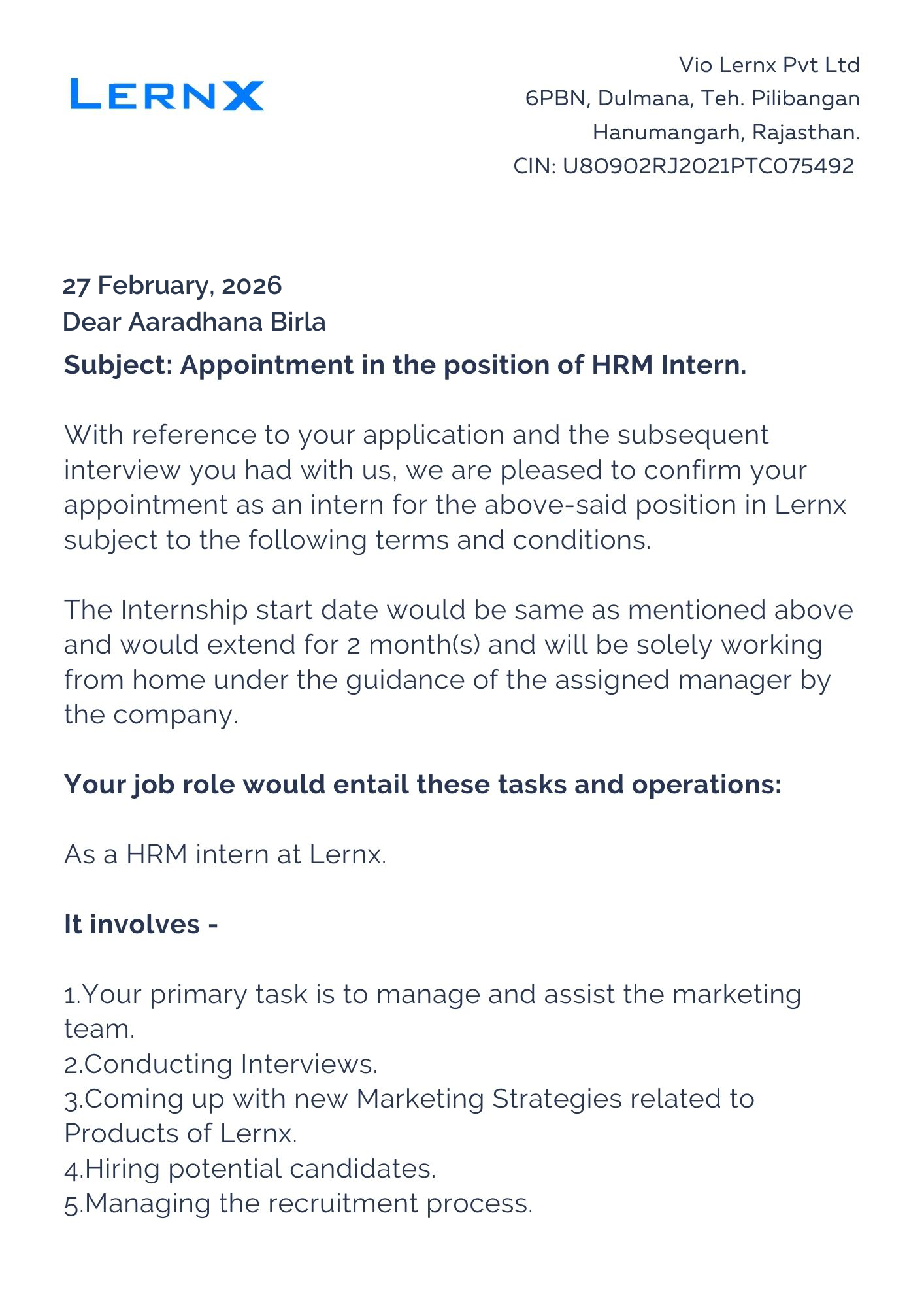 lernx Offer Letter Page 1