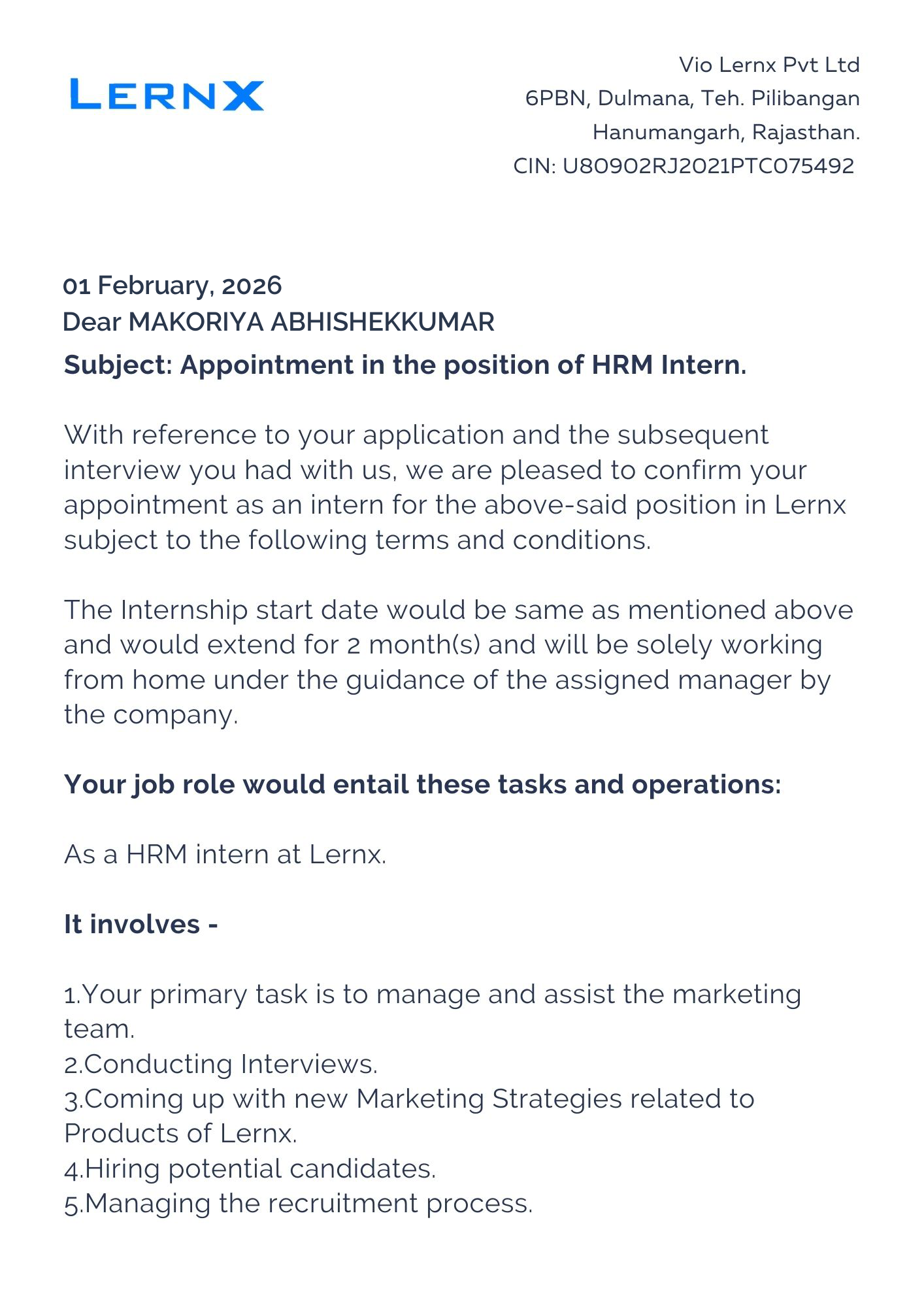 lernx Offer Letter Page 1