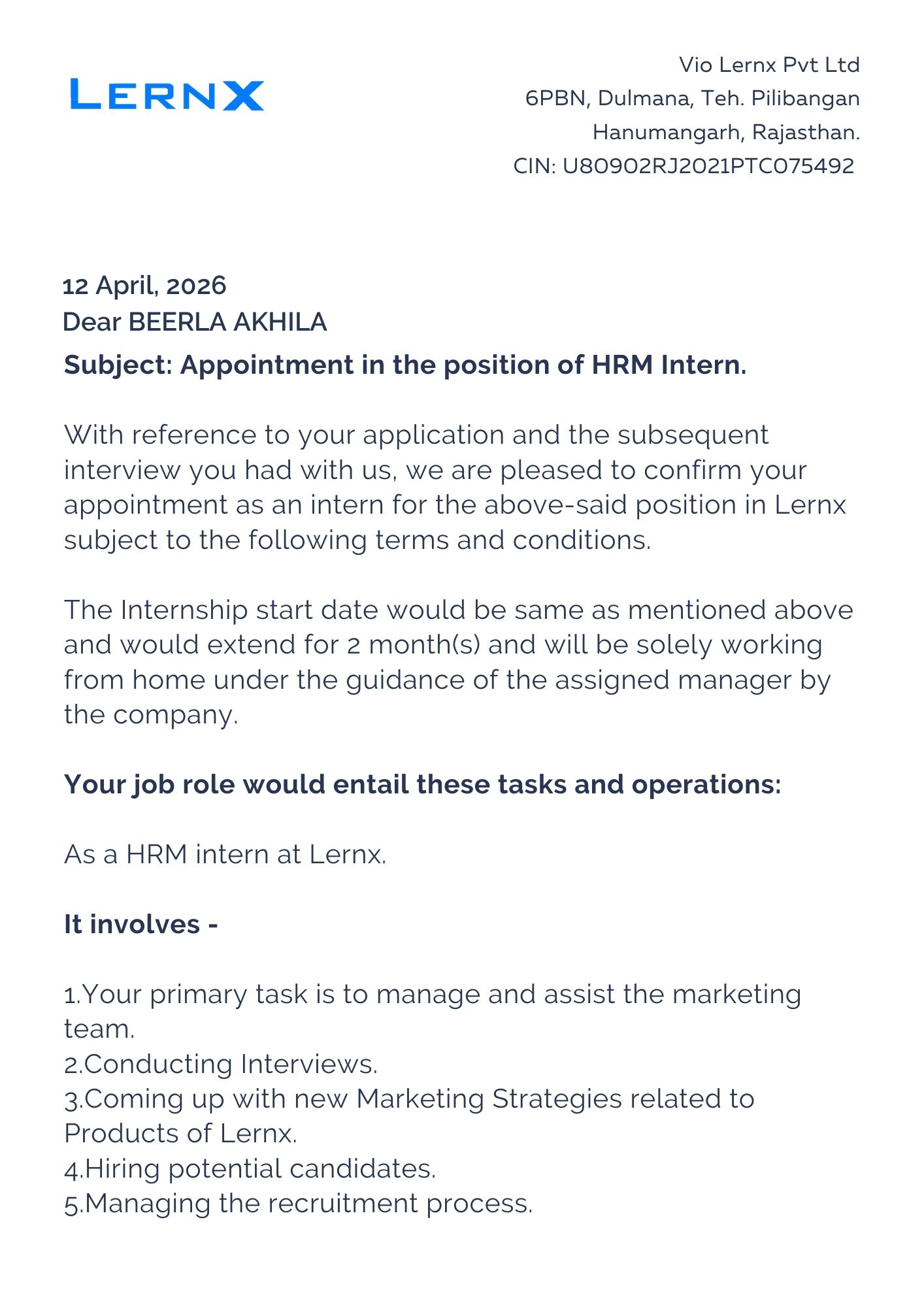 lernx Offer Letter Page 1