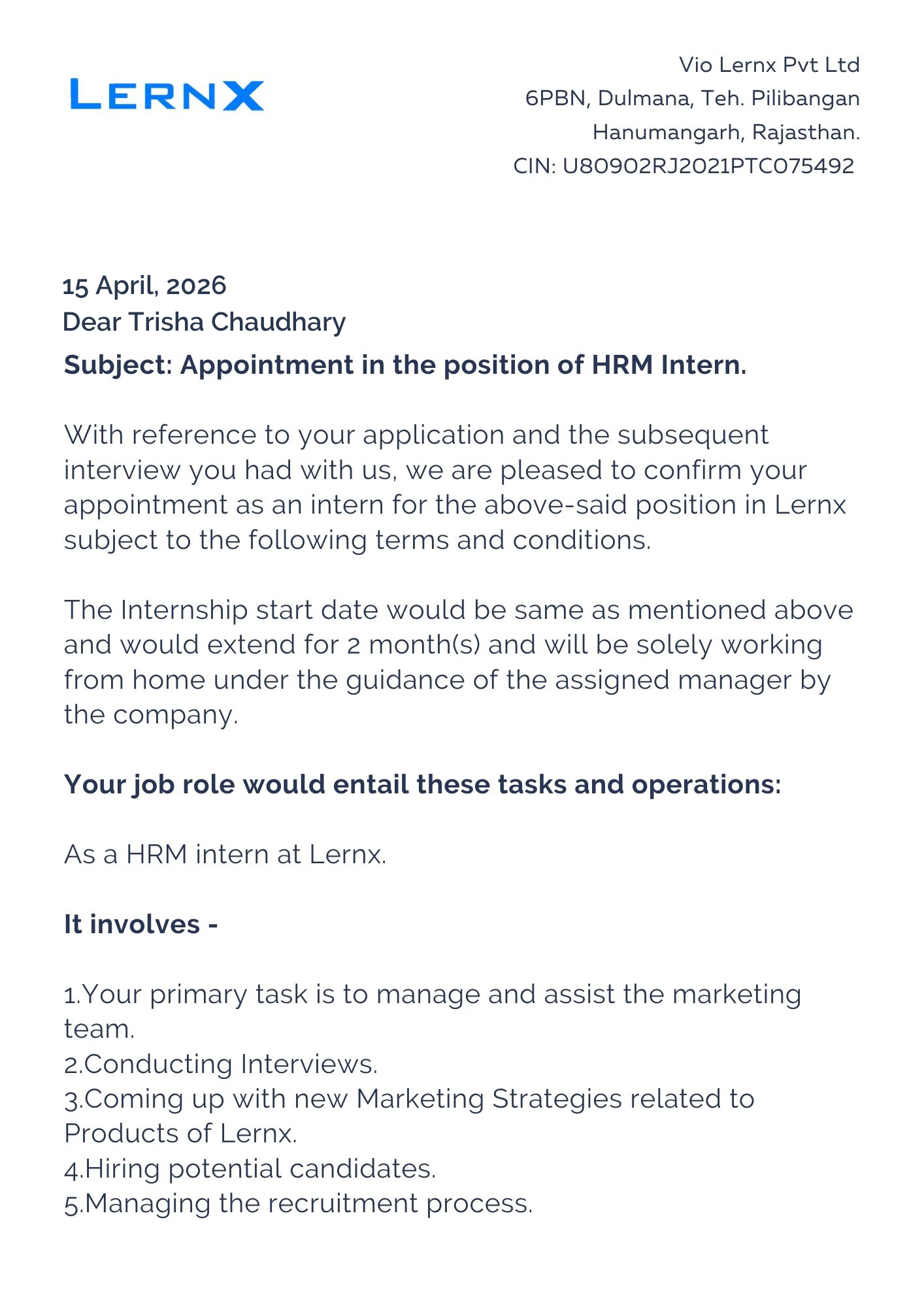 lernx Offer Letter Page 1