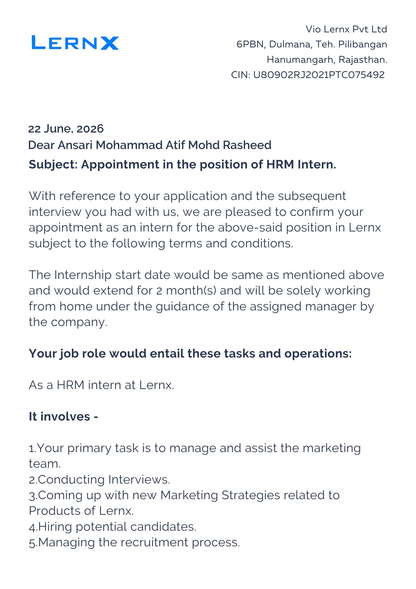 lernx Offer Letter Page 1
