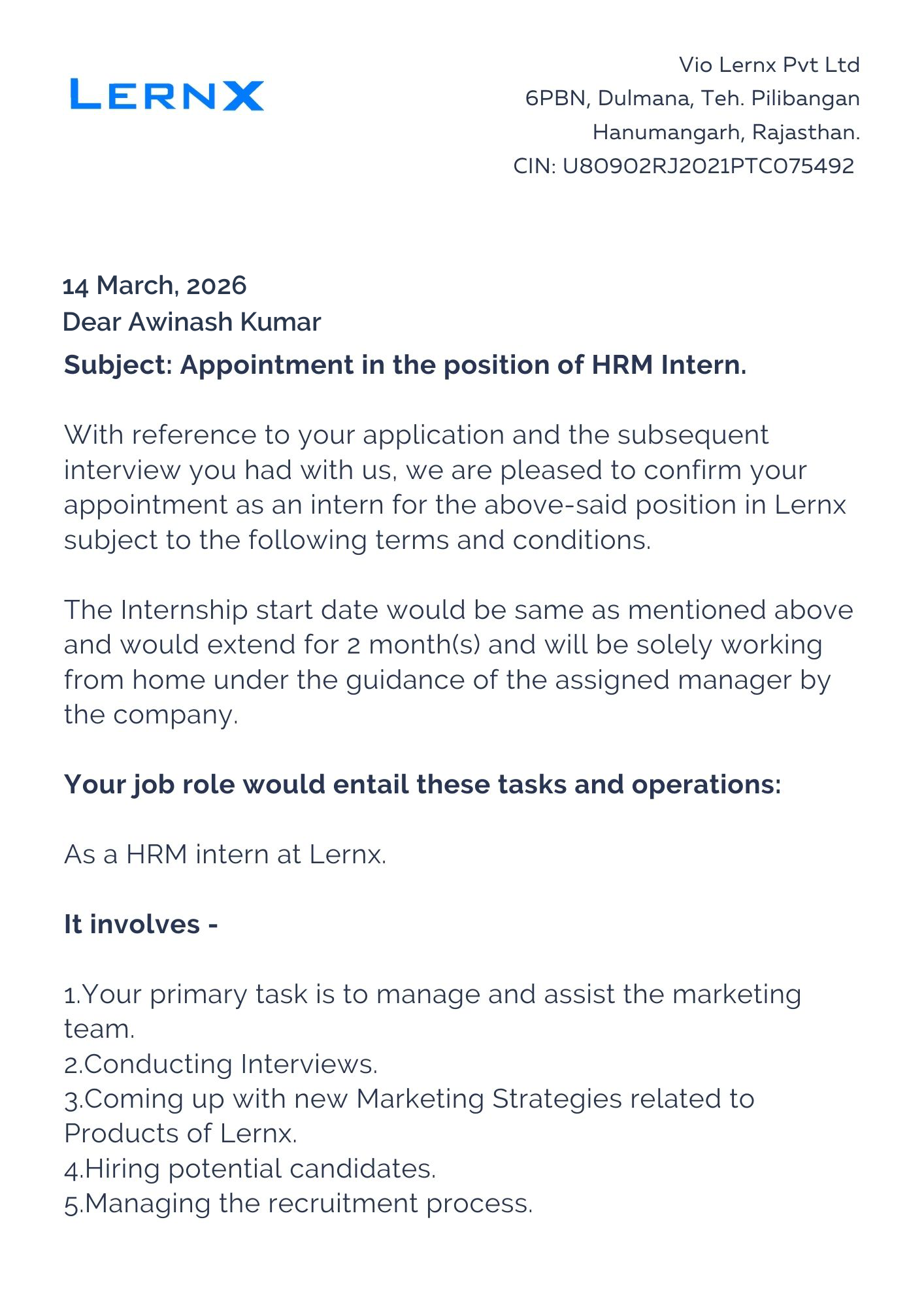 lernx Offer Letter Page 1