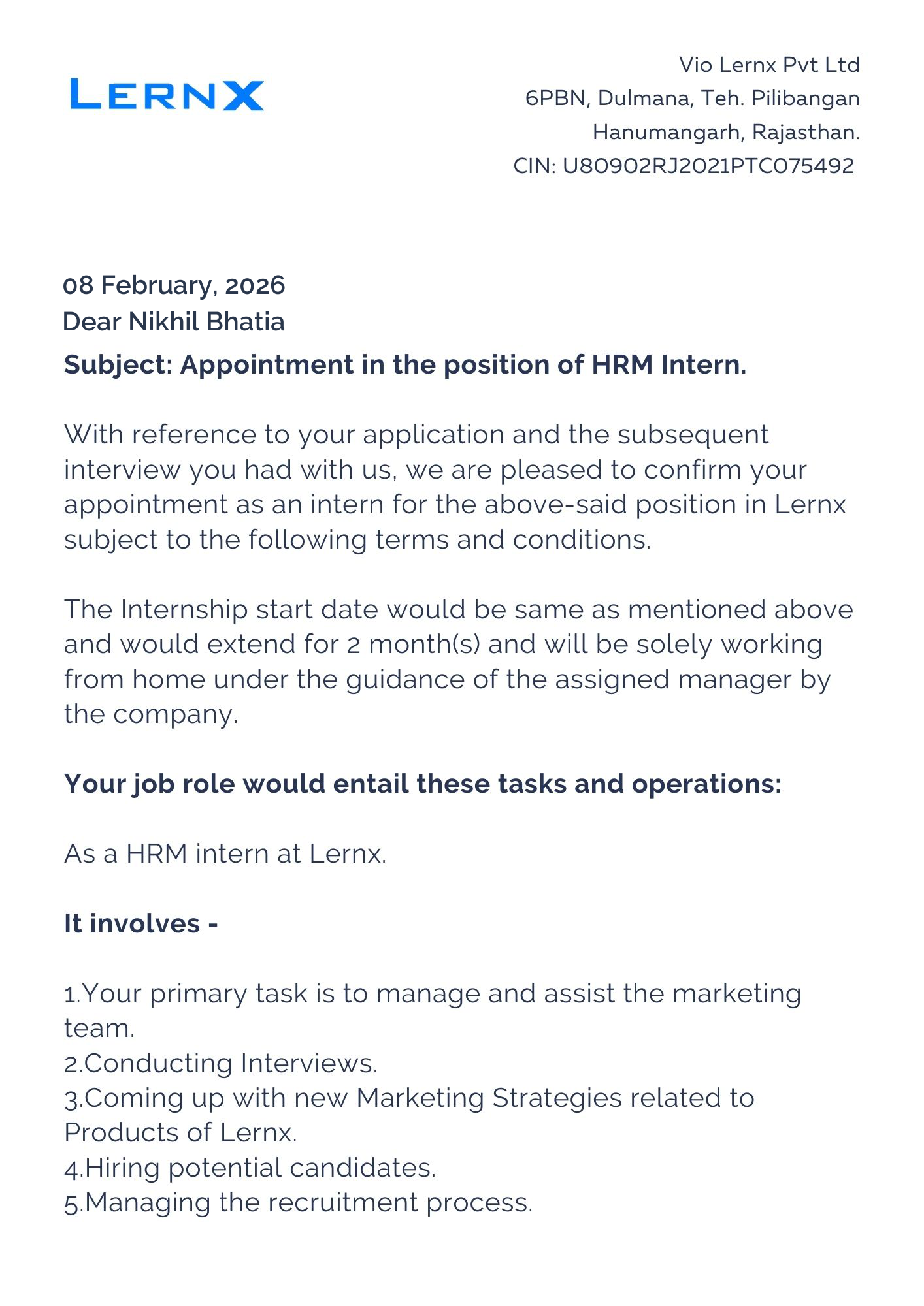 lernx Offer Letter Page 1