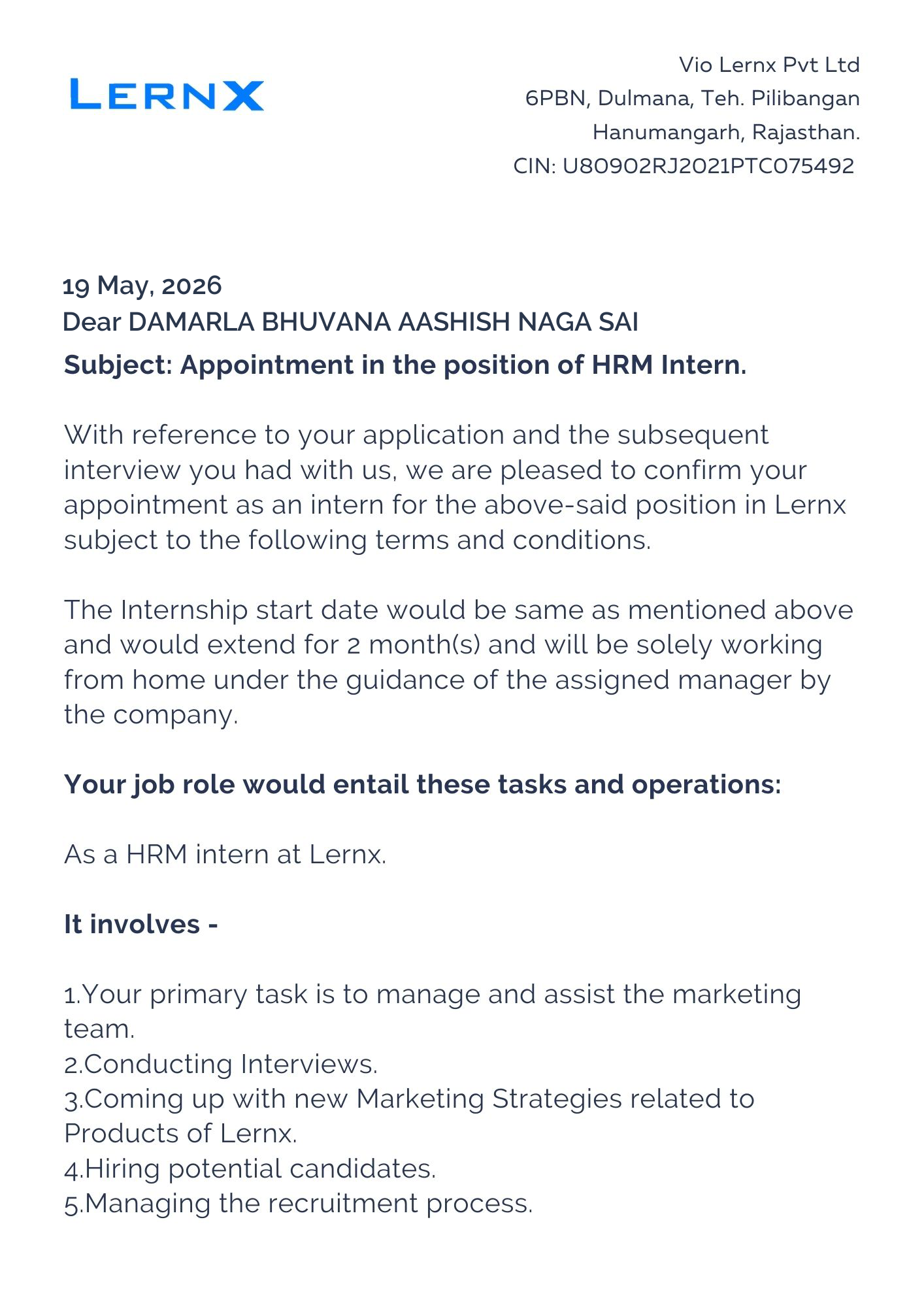 lernx Offer Letter Page 1
