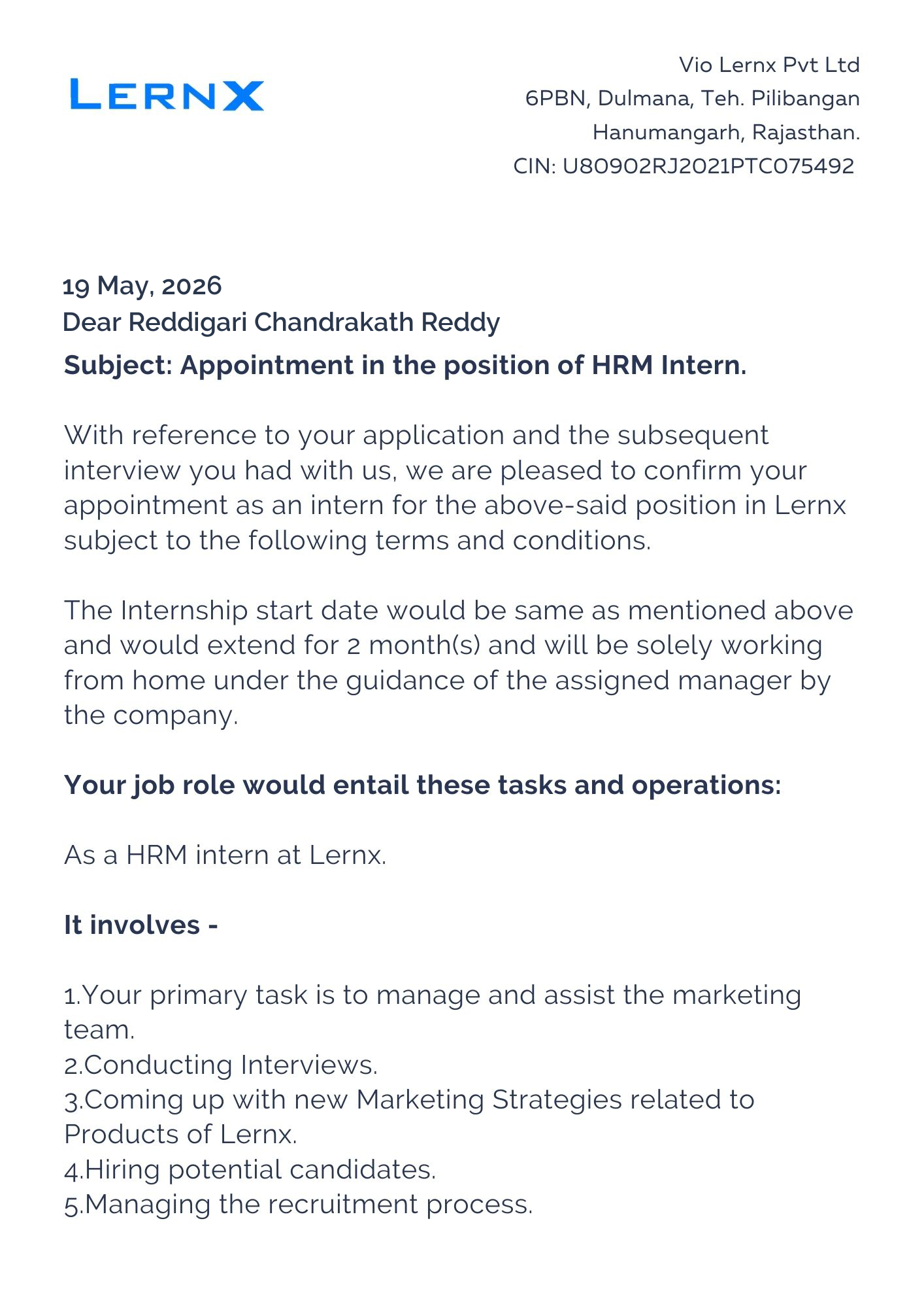 lernx Offer Letter Page 1