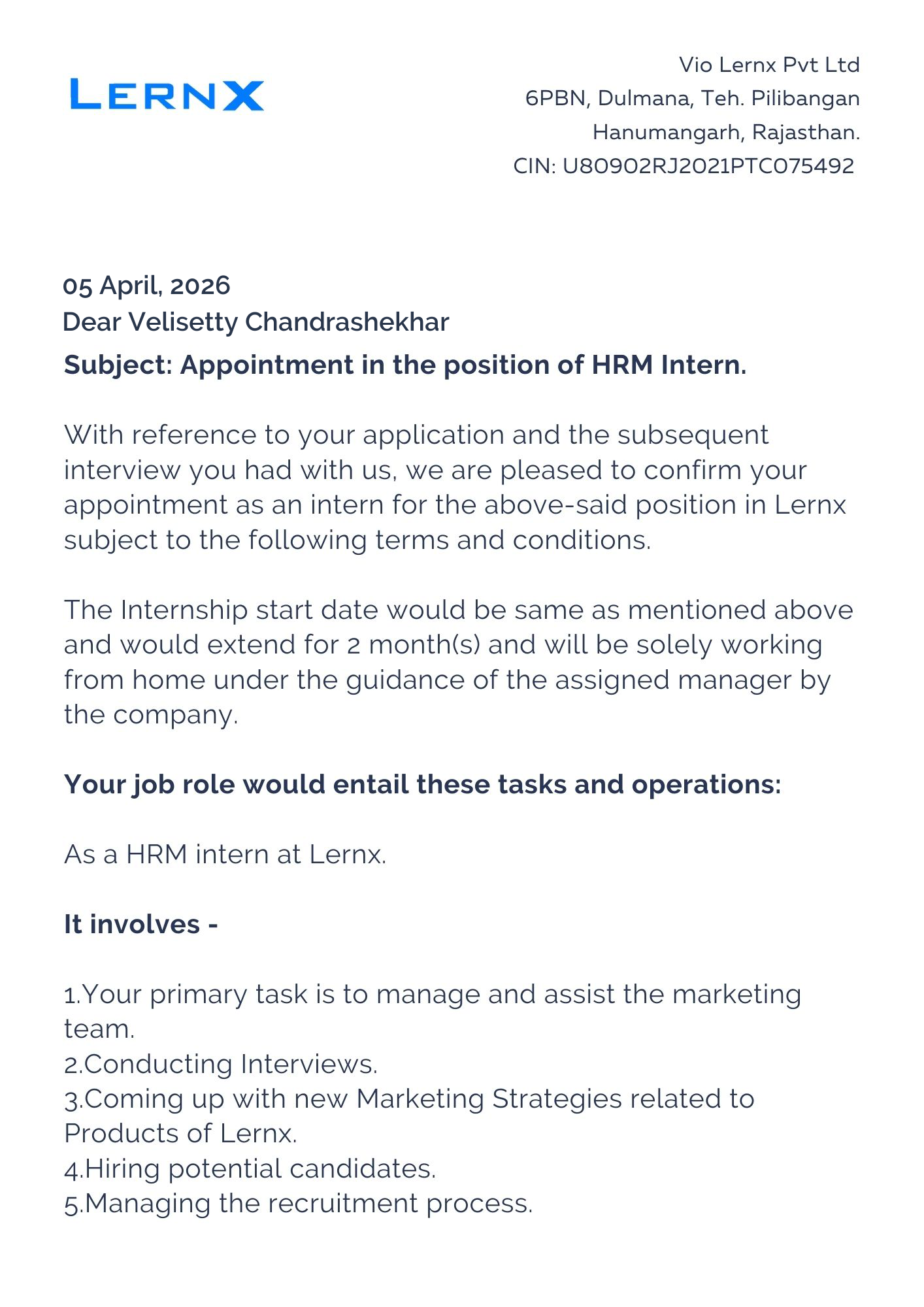 lernx Offer Letter Page 1