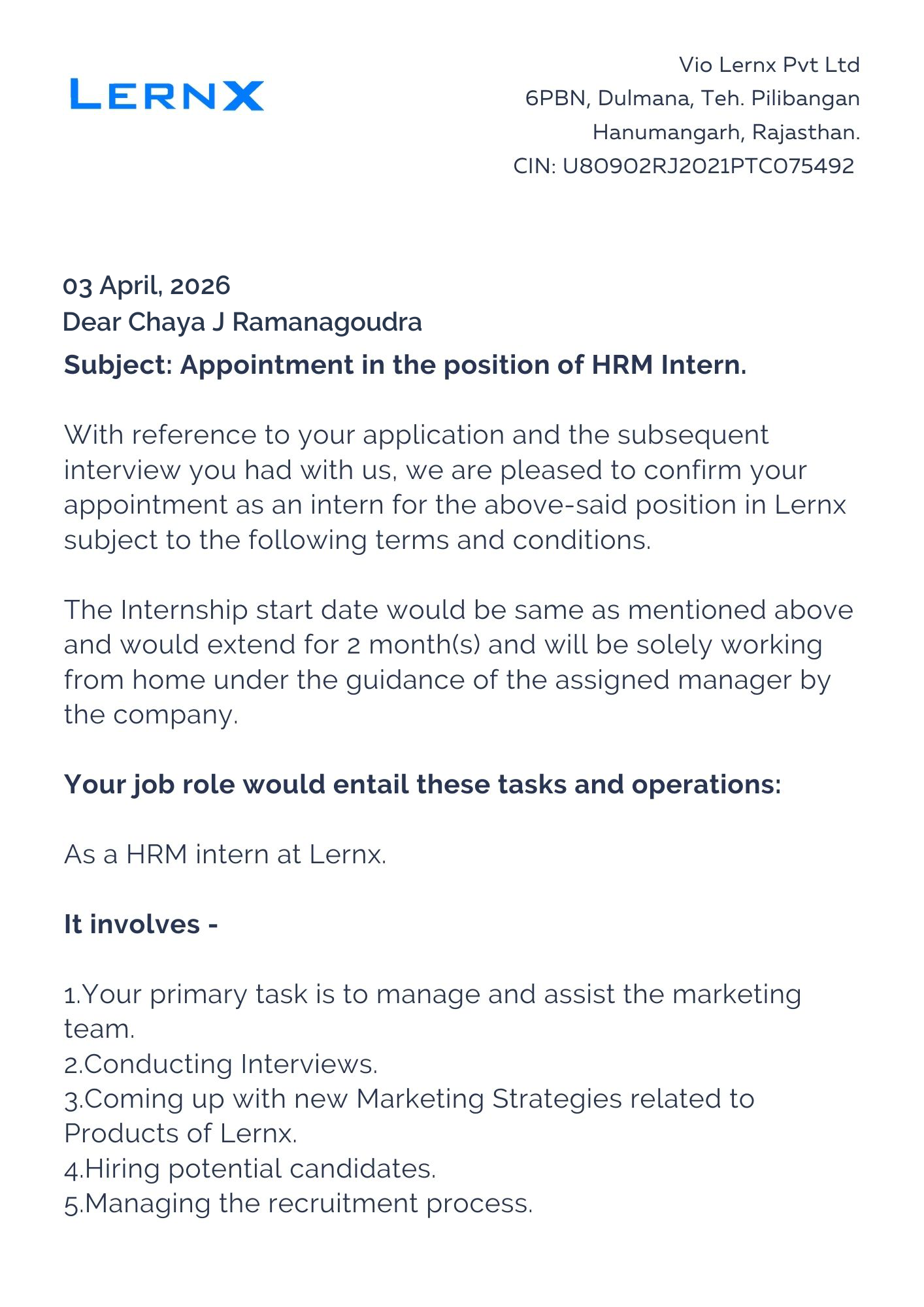 lernx Offer Letter Page 1