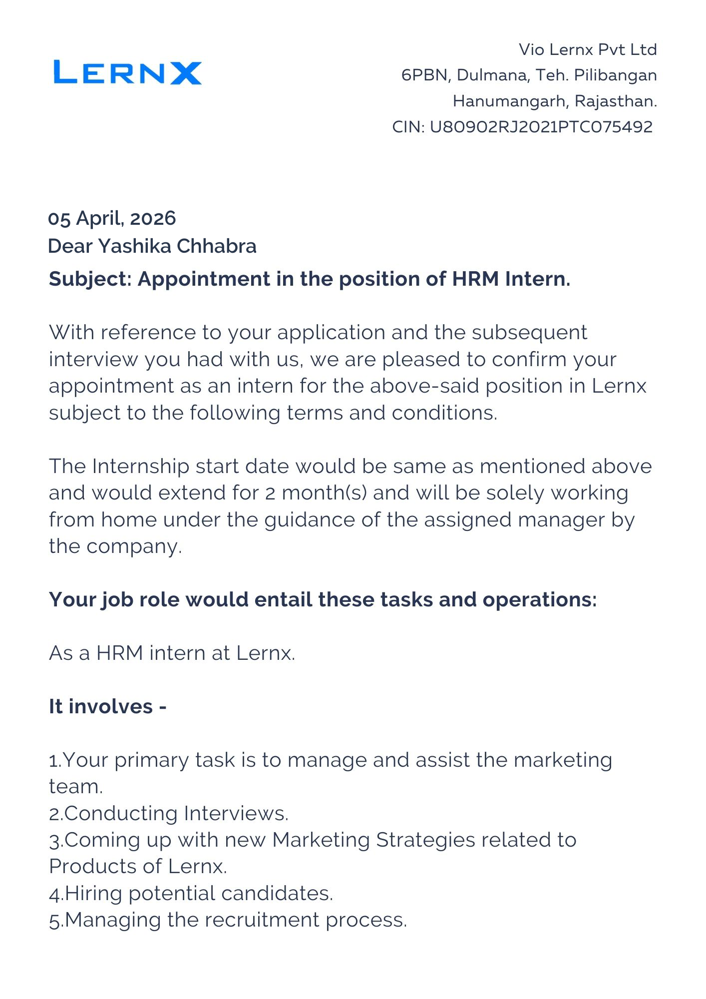 lernx Offer Letter Page 1