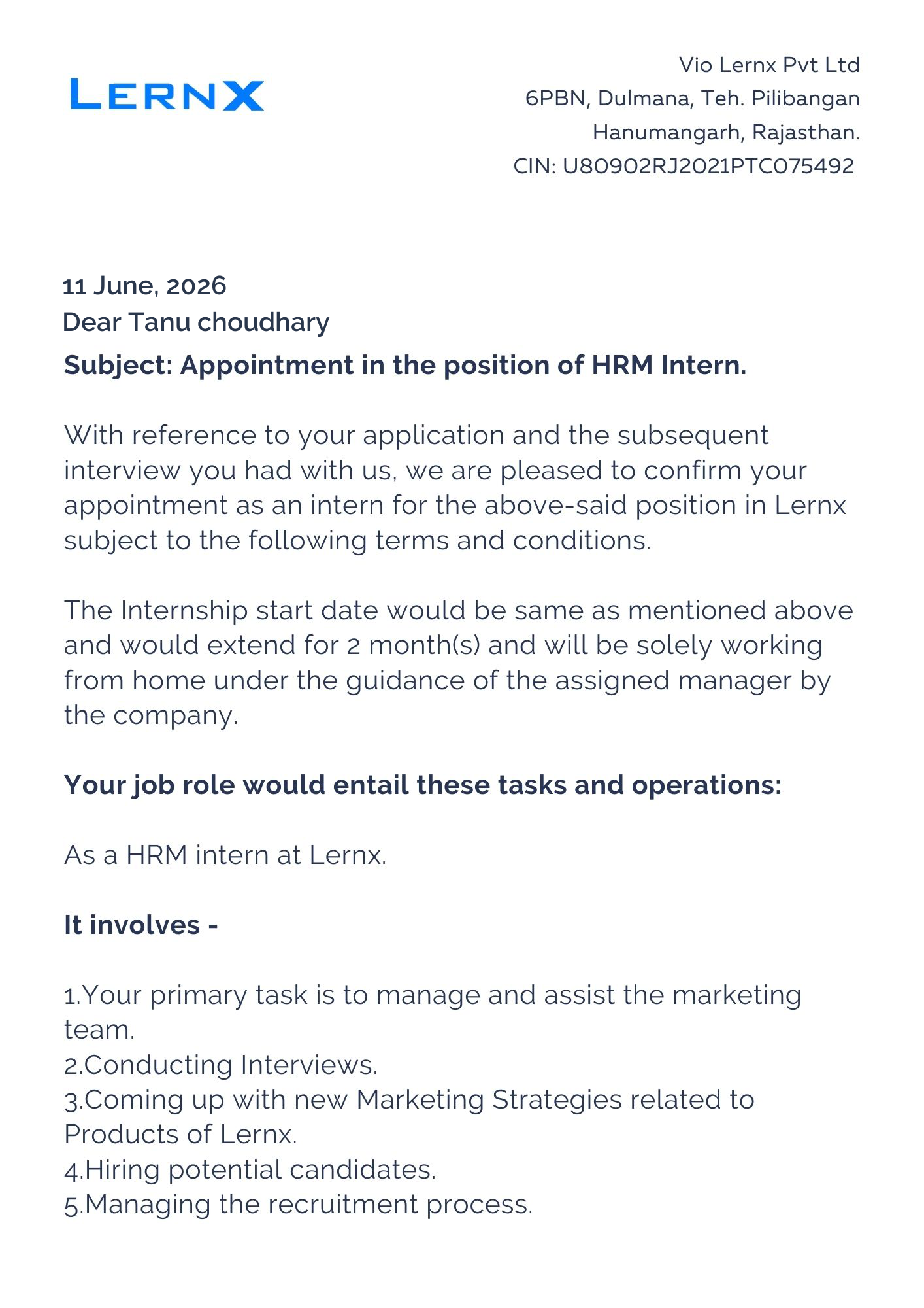 lernx Offer Letter Page 1