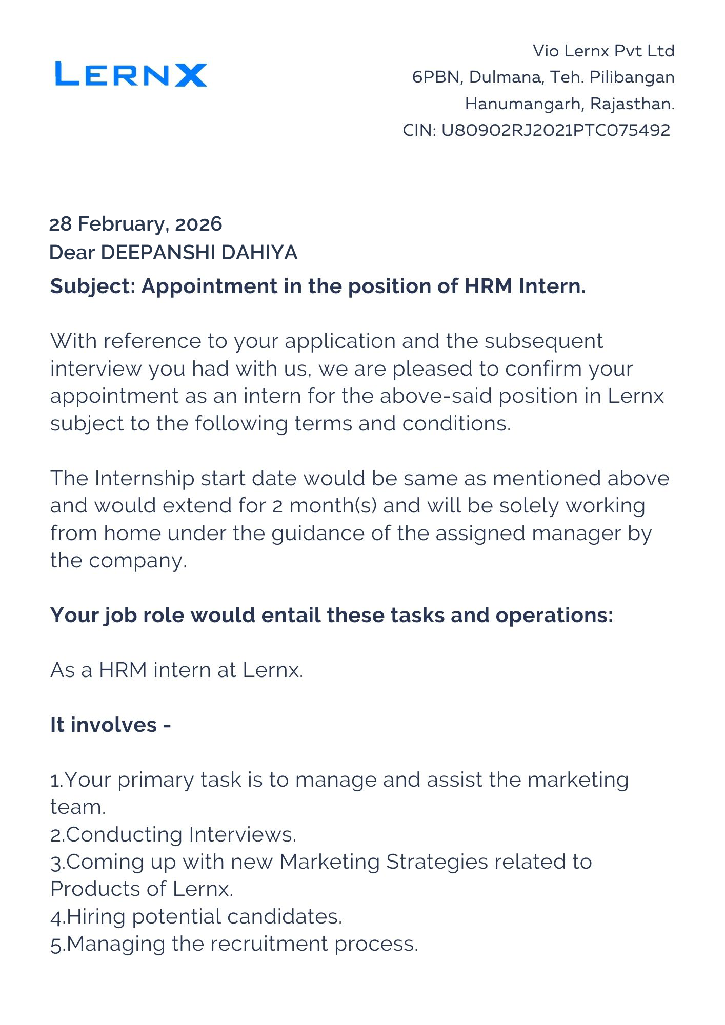 lernx Offer Letter Page 1