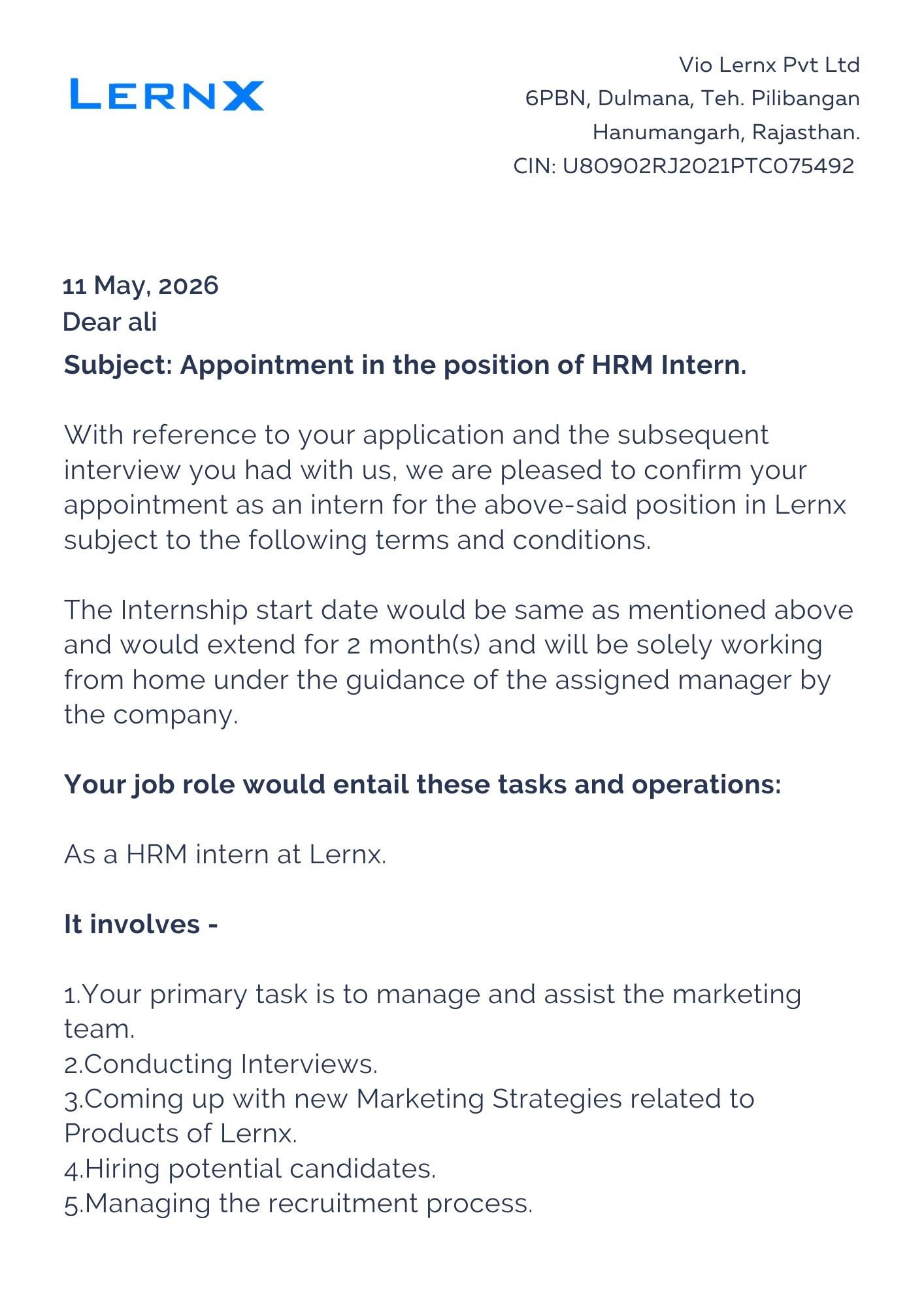 lernx Offer Letter Page 1