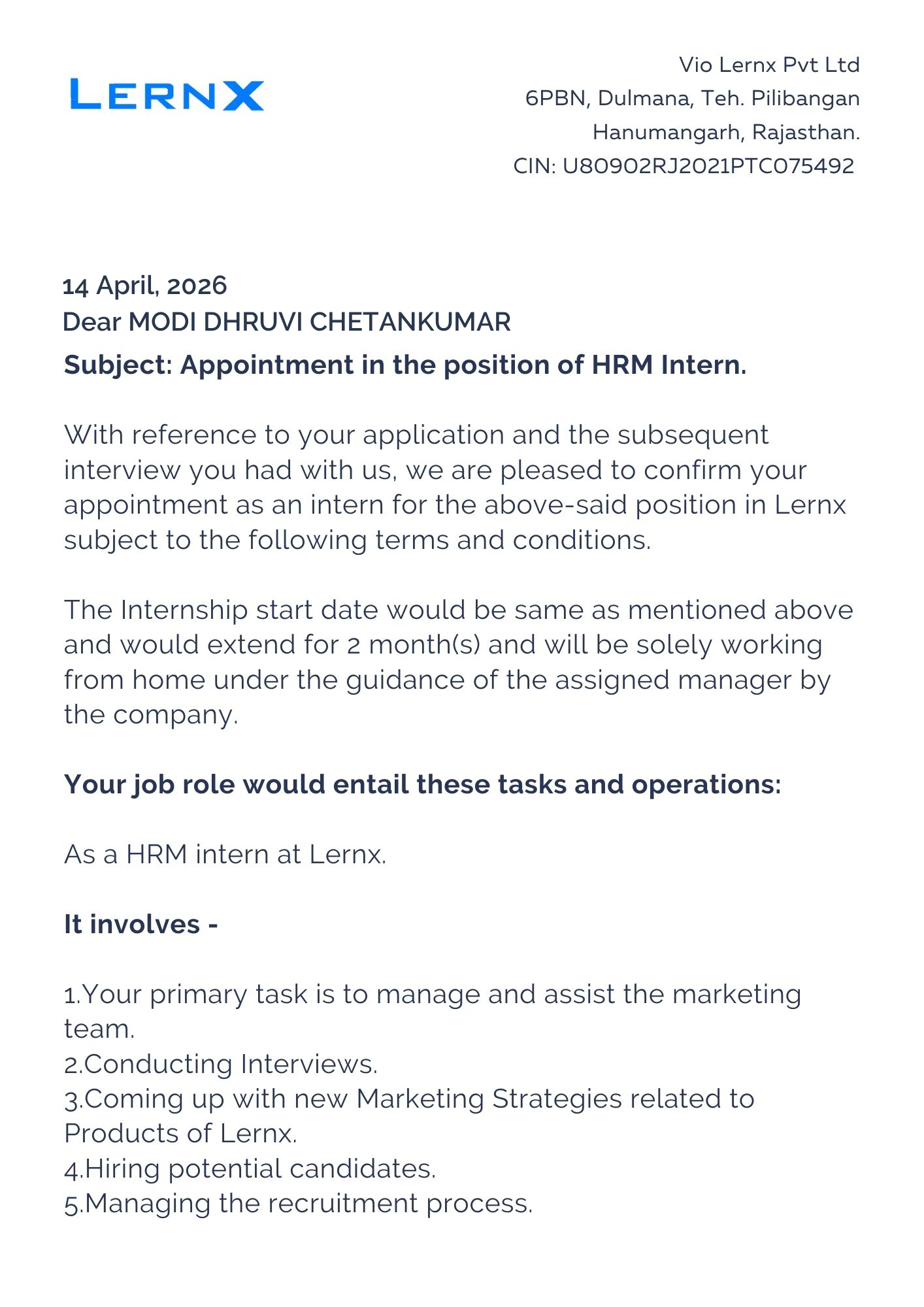 lernx Offer Letter Page 1