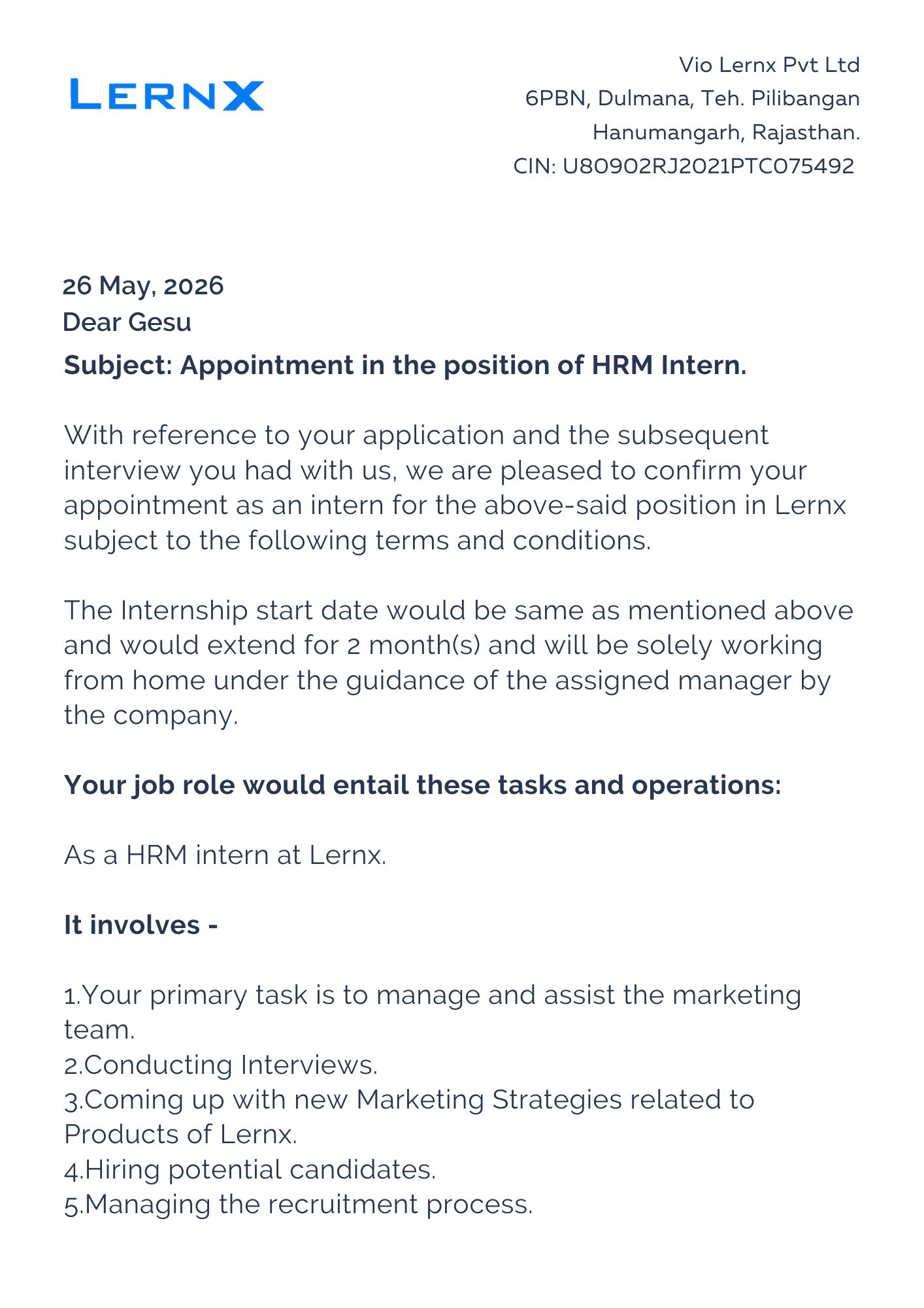 lernx Offer Letter Page 1