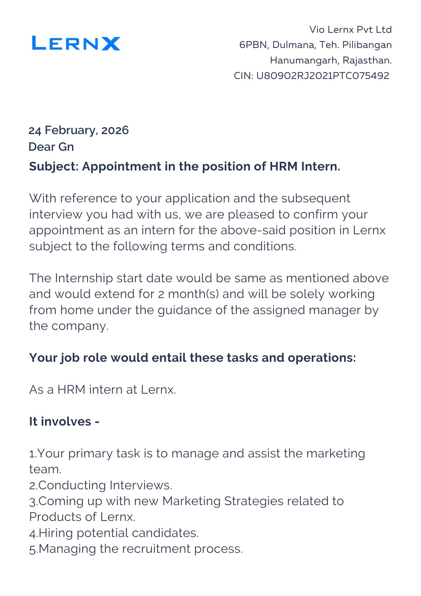 lernx Offer Letter Page 1