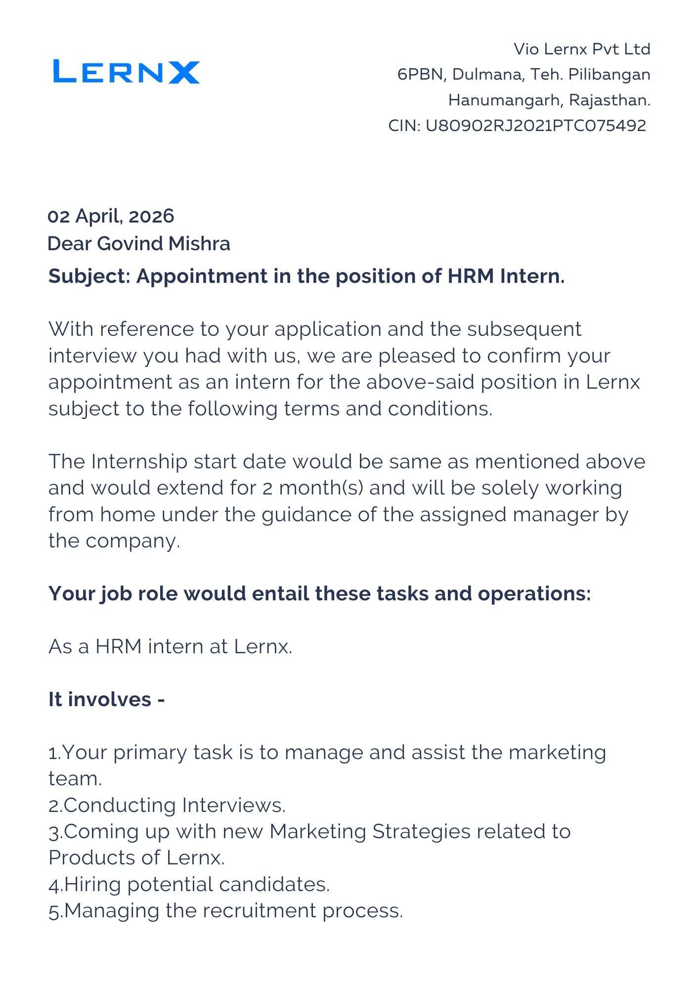 lernx Offer Letter Page 1