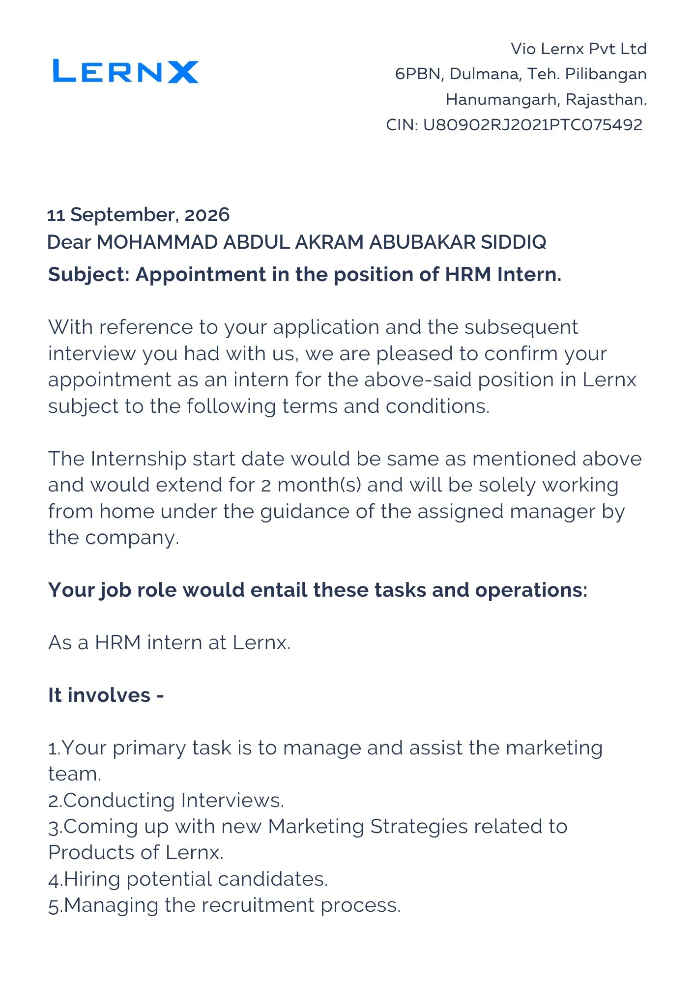 lernx Offer Letter Page 1