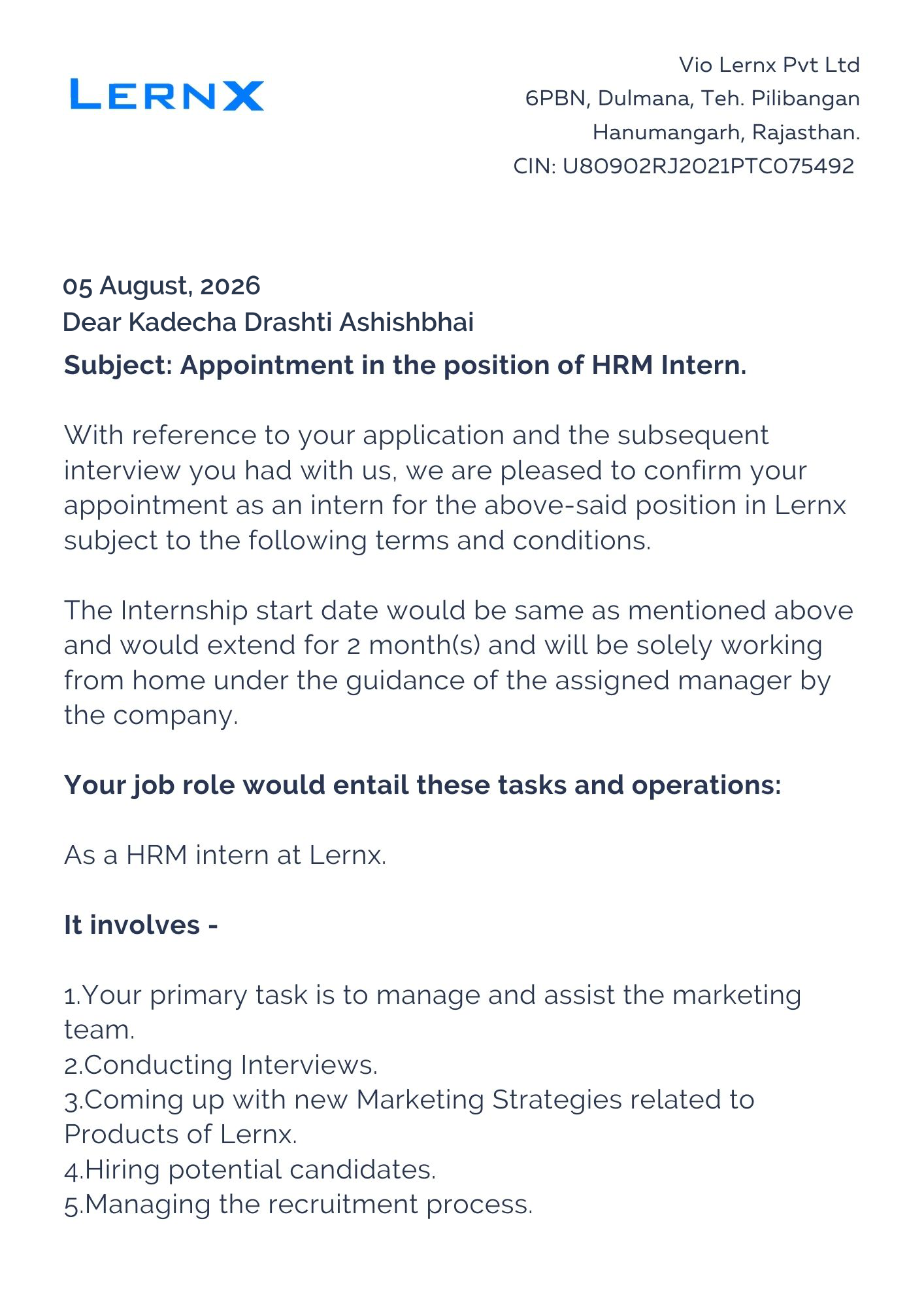 lernx Offer Letter Page 1