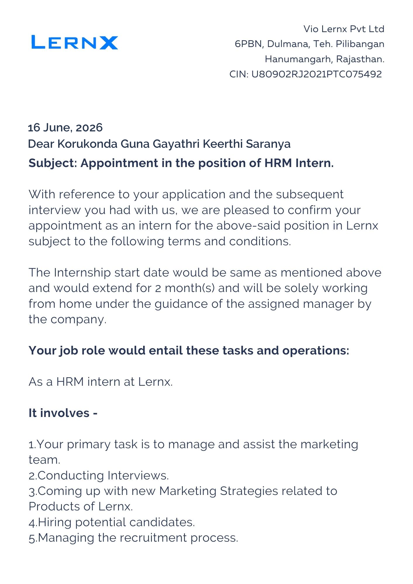 lernx Offer Letter Page 1