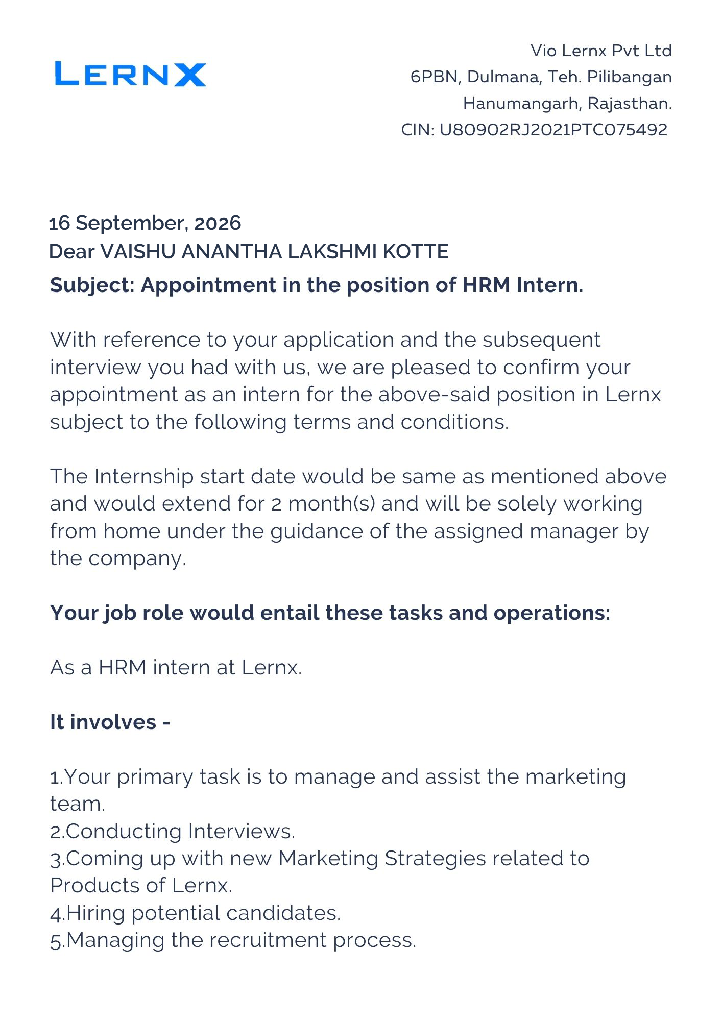 lernx Offer Letter Page 1