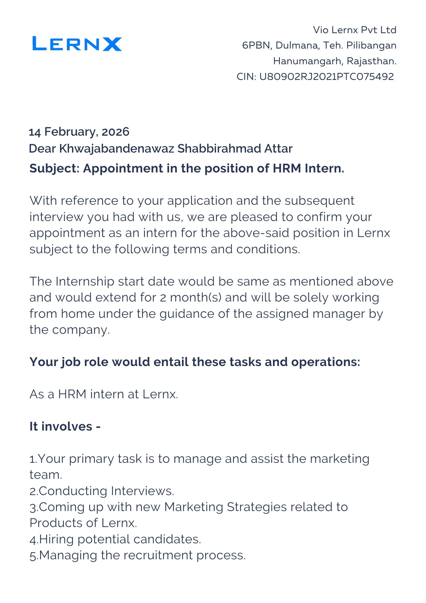 lernx Offer Letter Page 1