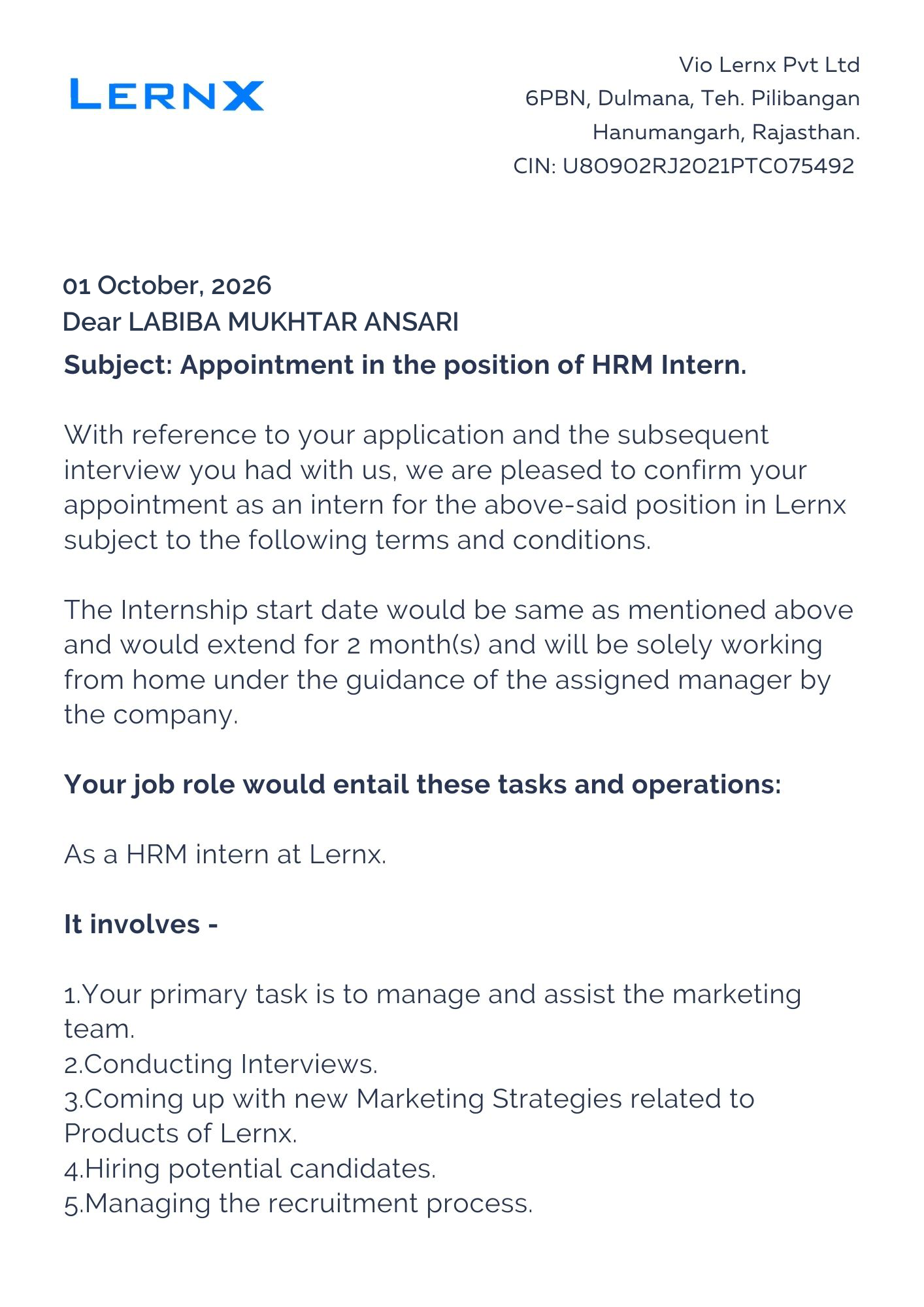 lernx Offer Letter Page 1