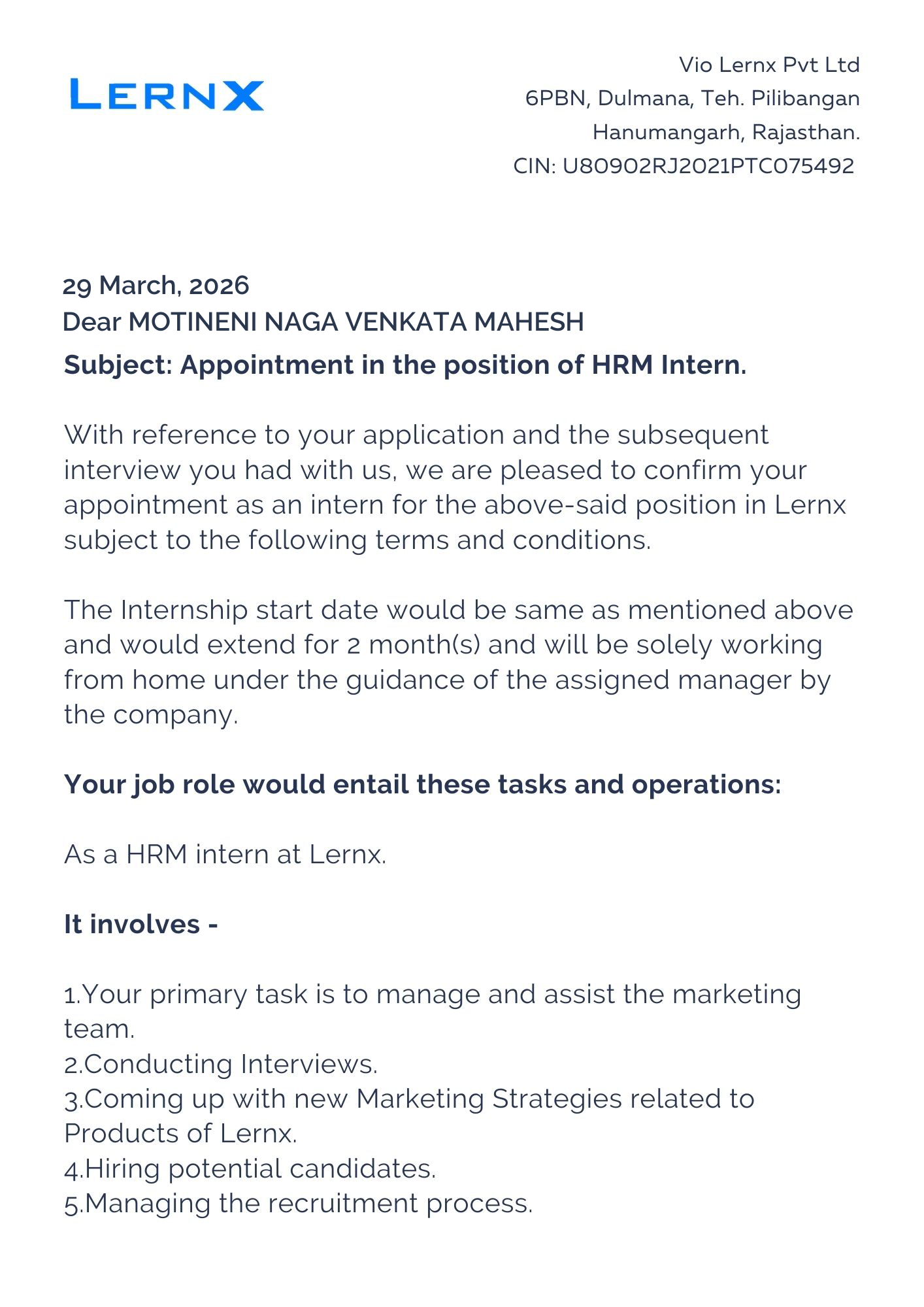 lernx Offer Letter Page 1