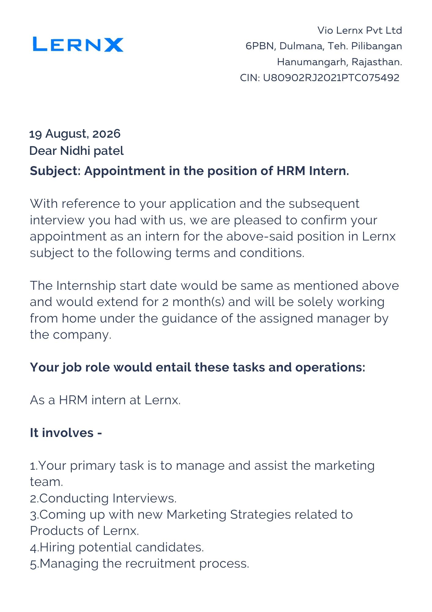 lernx Offer Letter Page 1