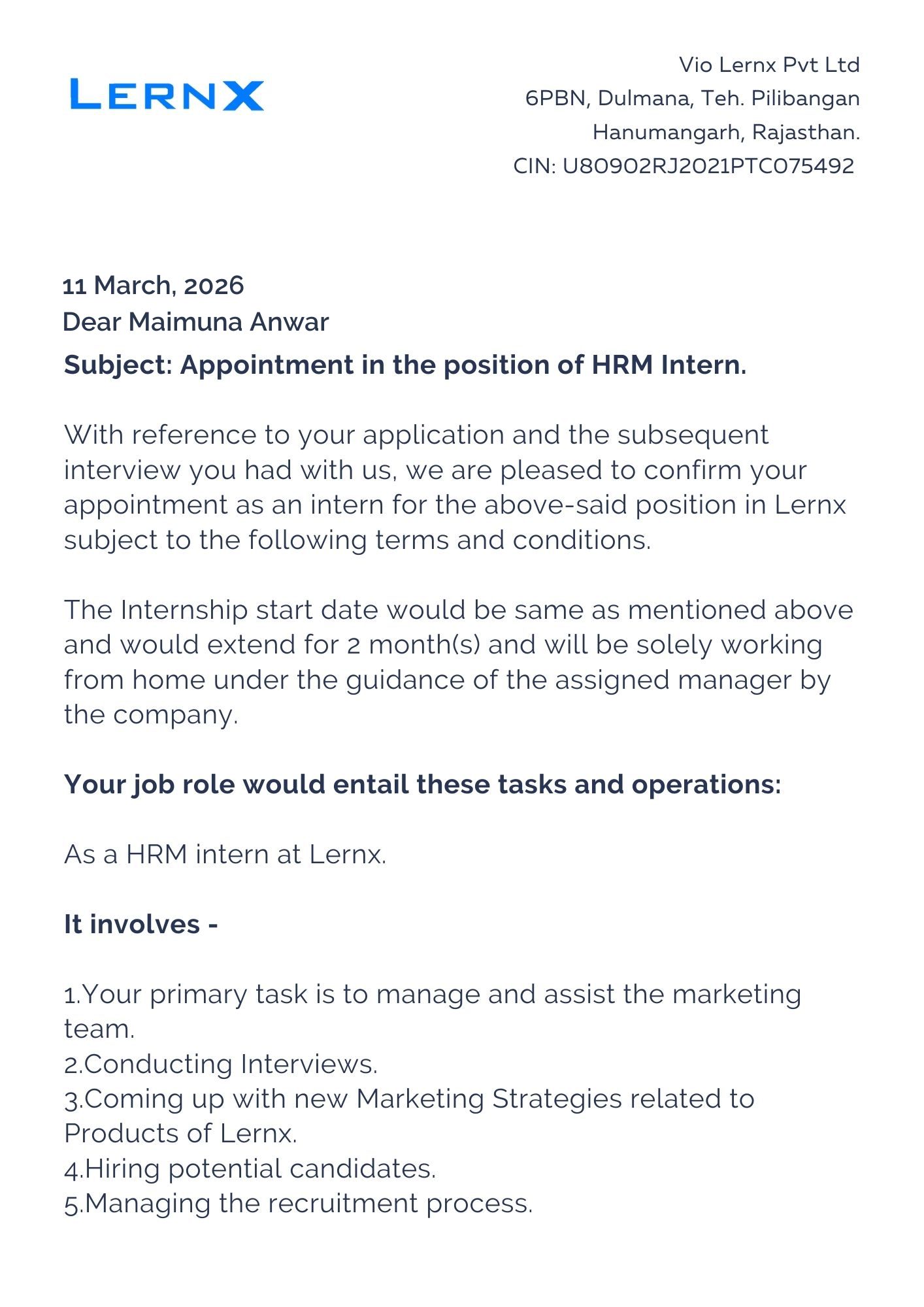 lernx Offer Letter Page 1