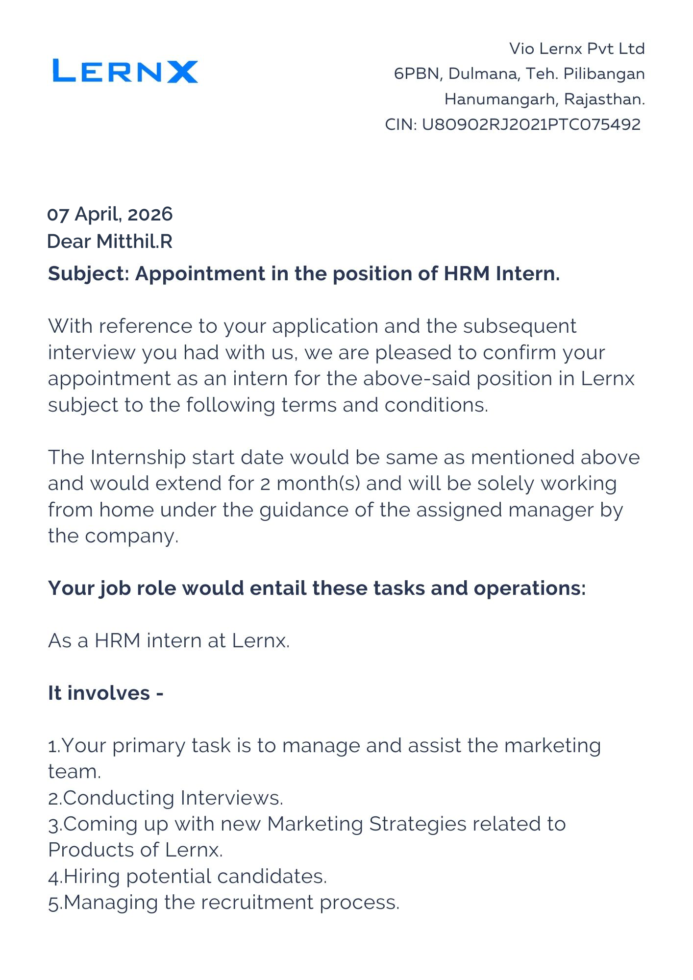 lernx Offer Letter Page 1