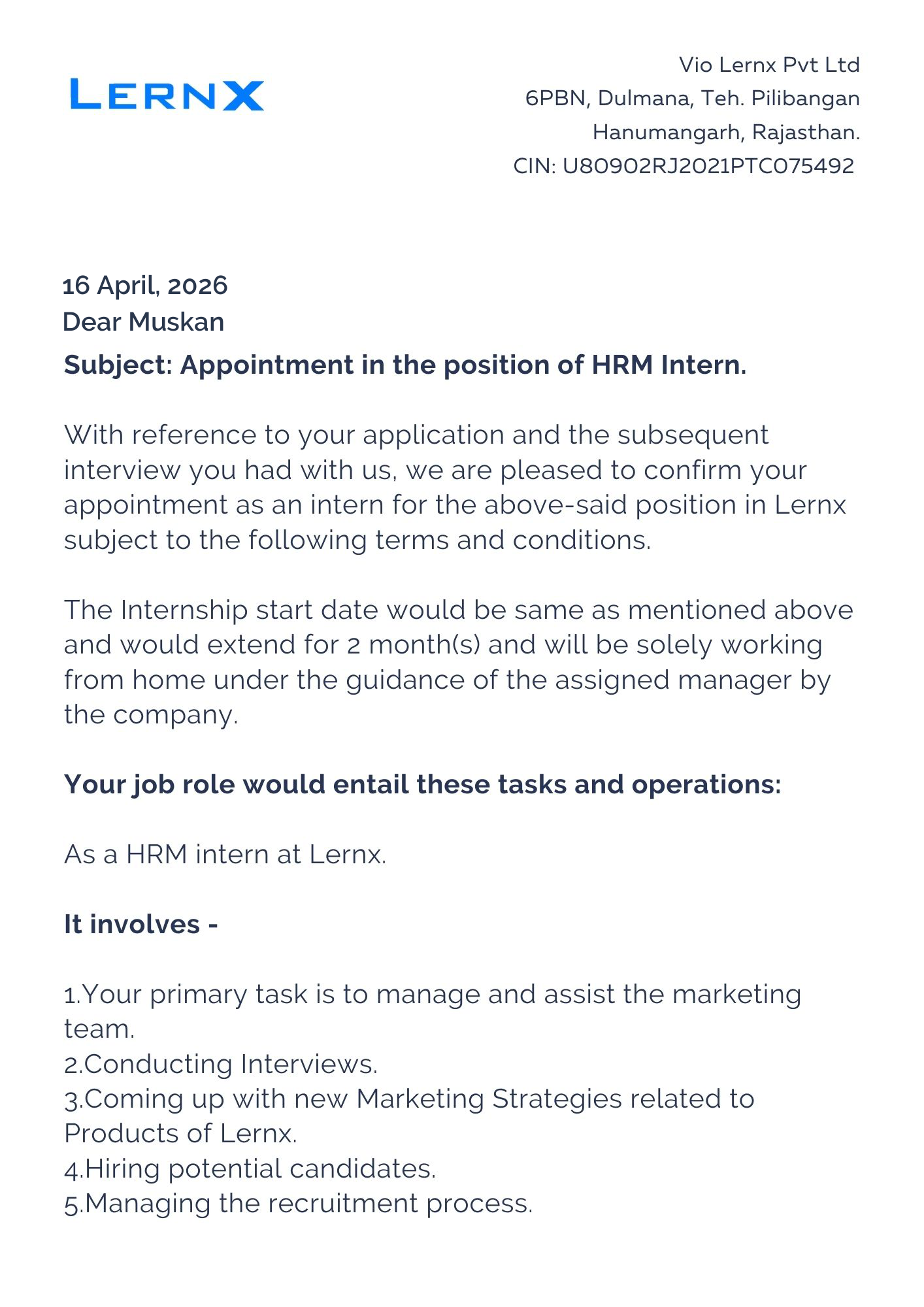 lernx Offer Letter Page 1