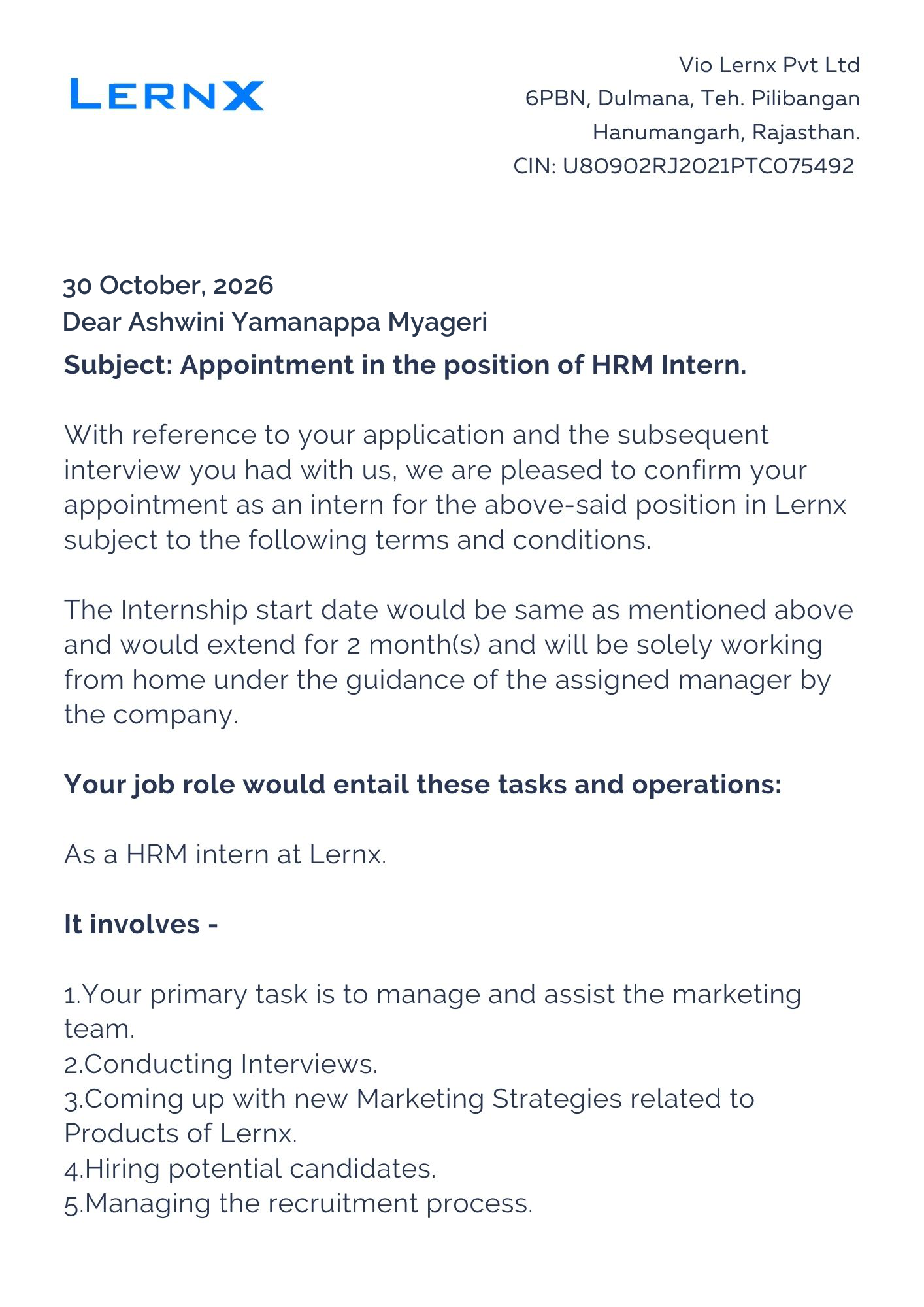 lernx Offer Letter Page 1