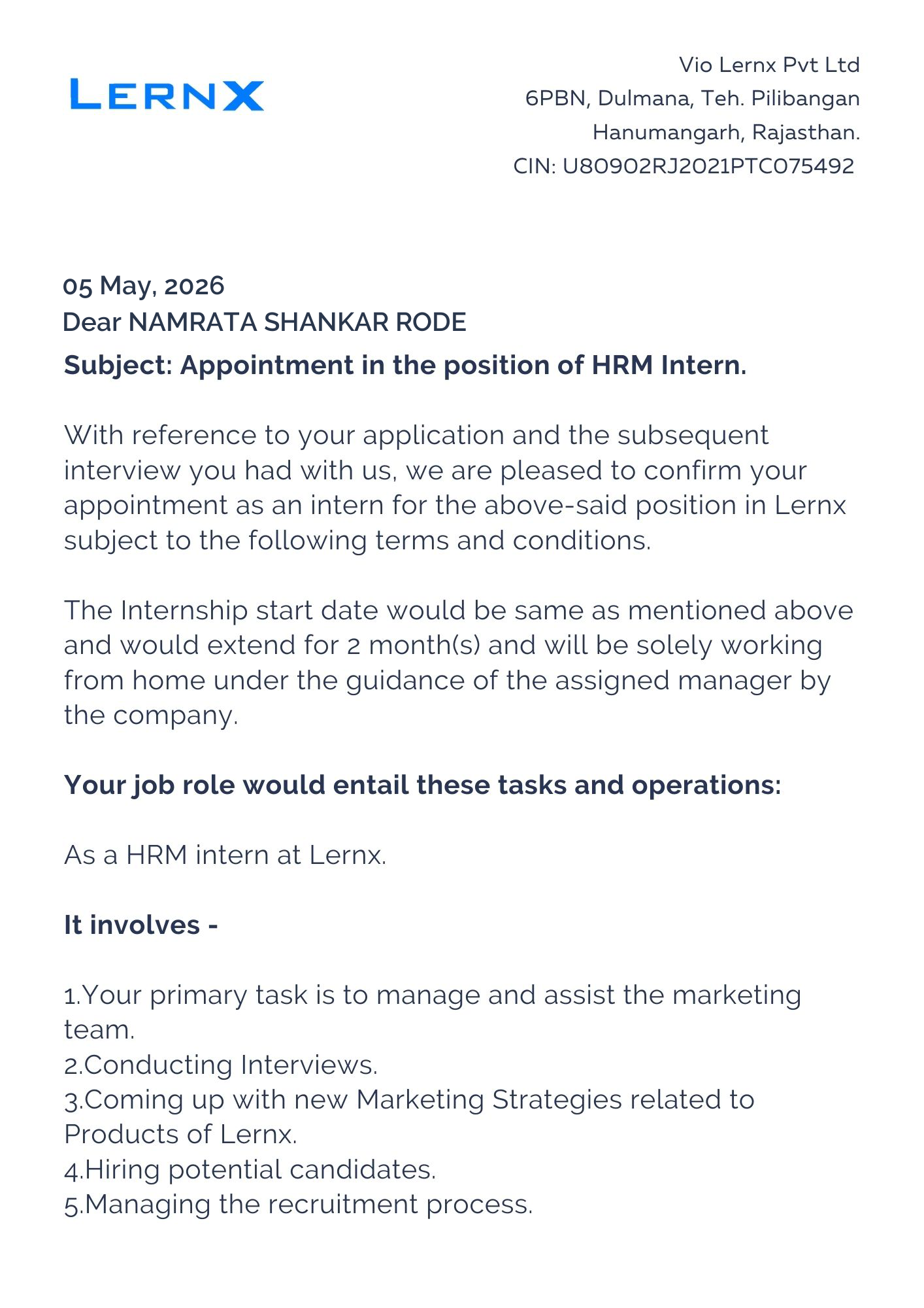 lernx Offer Letter Page 1