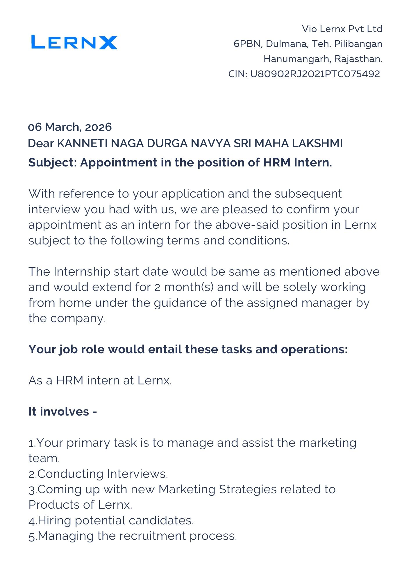 lernx Offer Letter Page 1