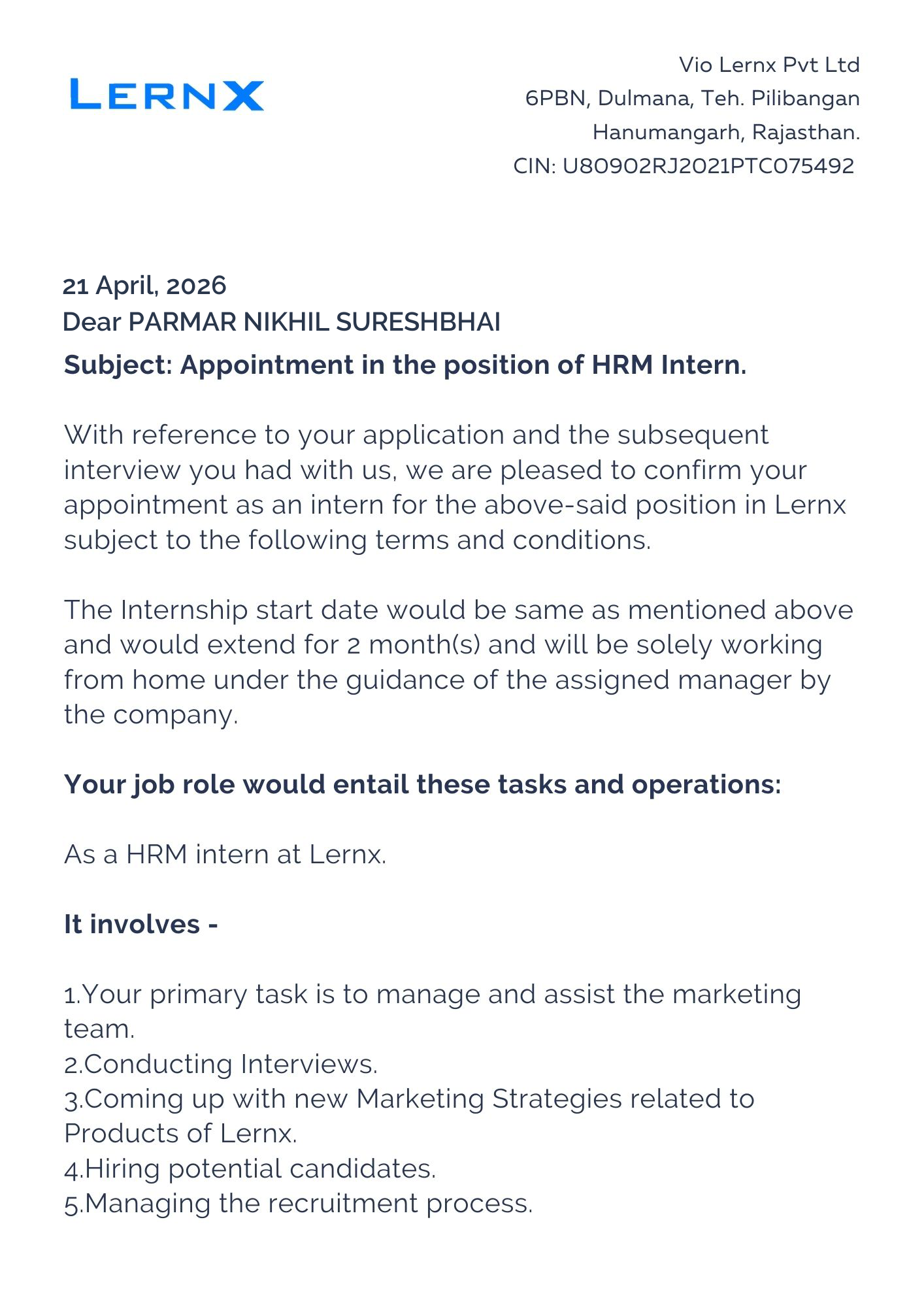 lernx Offer Letter Page 1
