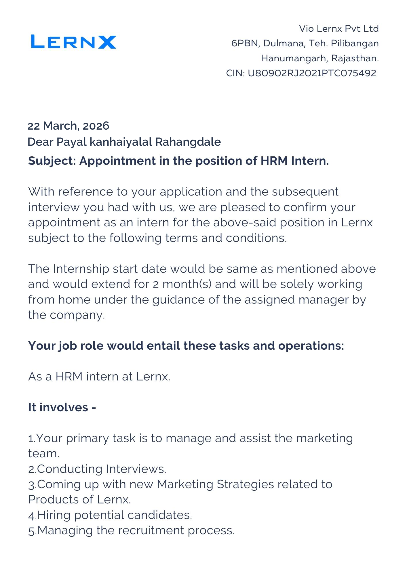 lernx Offer Letter Page 1