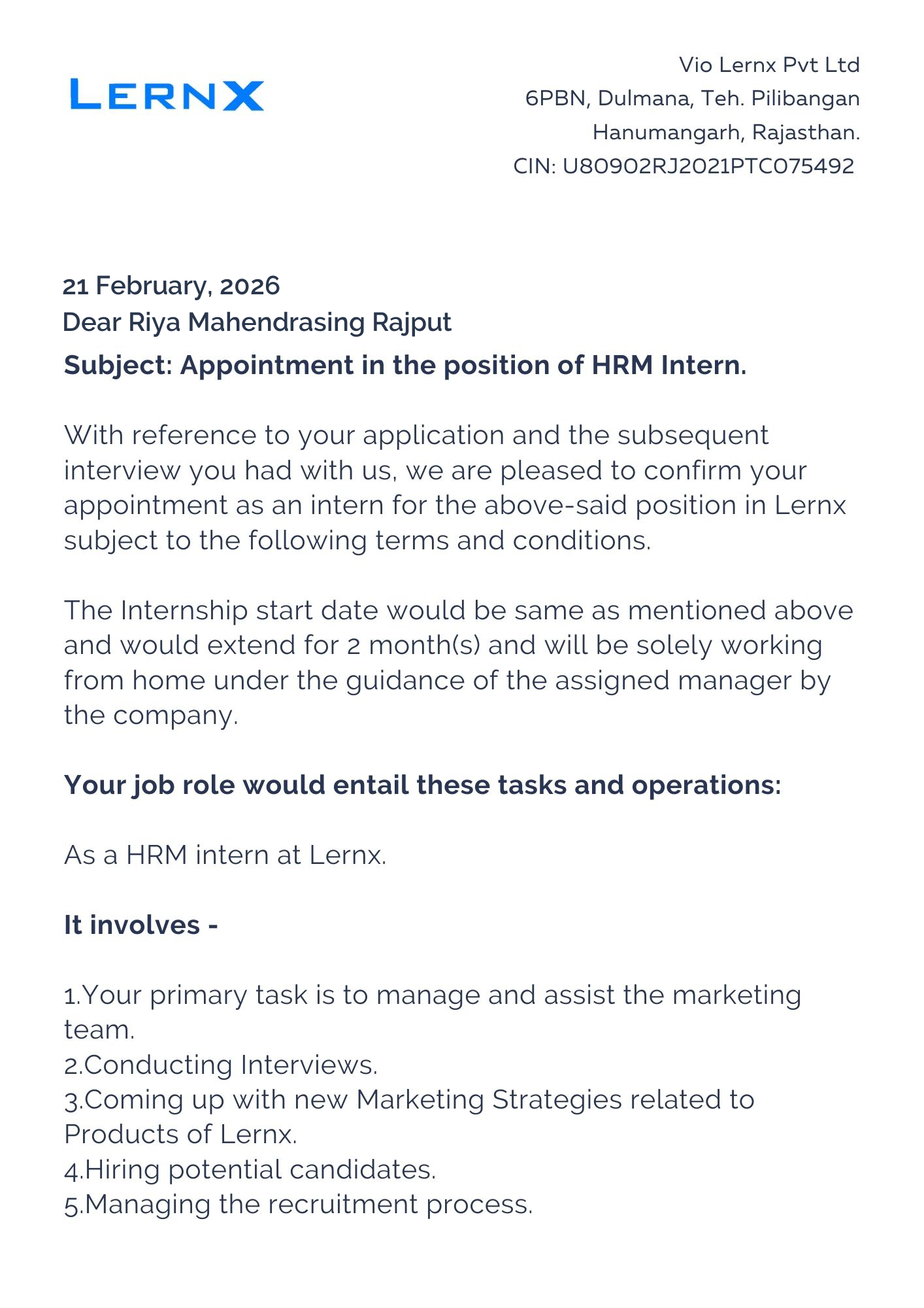 lernx Offer Letter Page 1