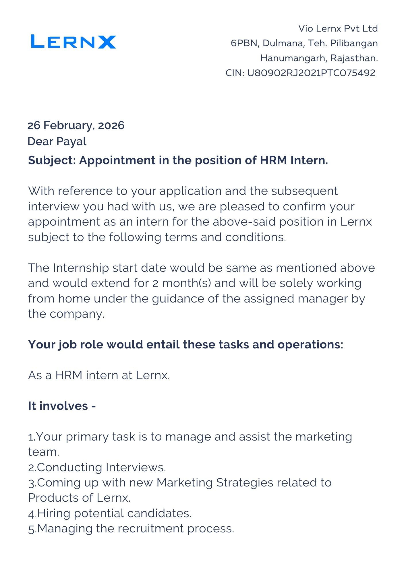 lernx Offer Letter Page 1