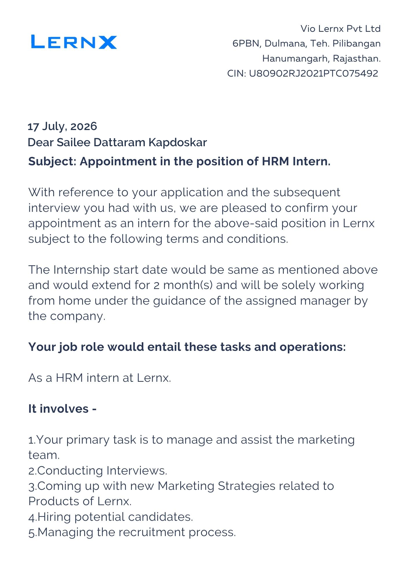 lernx Offer Letter Page 1