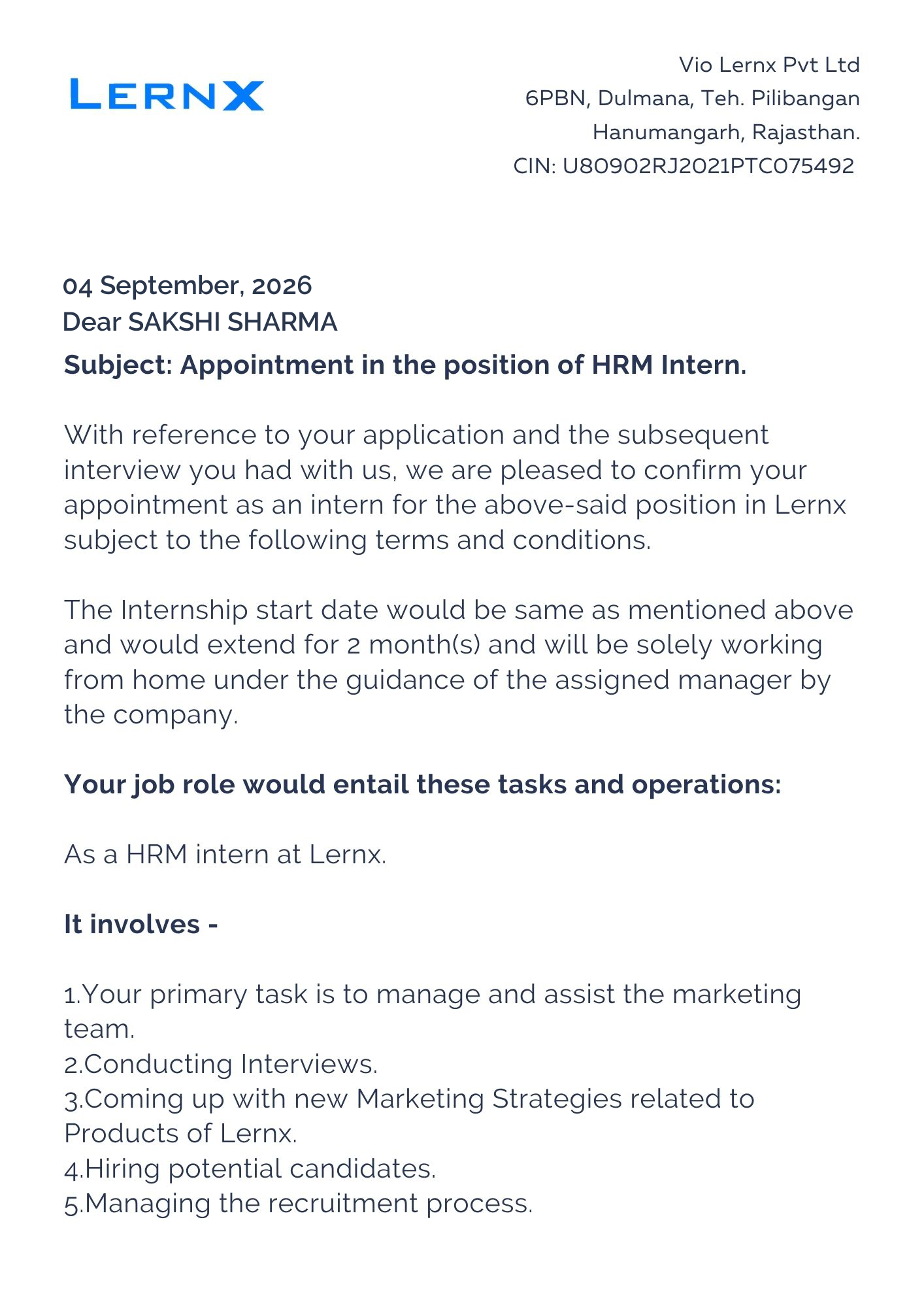 lernx Offer Letter Page 1