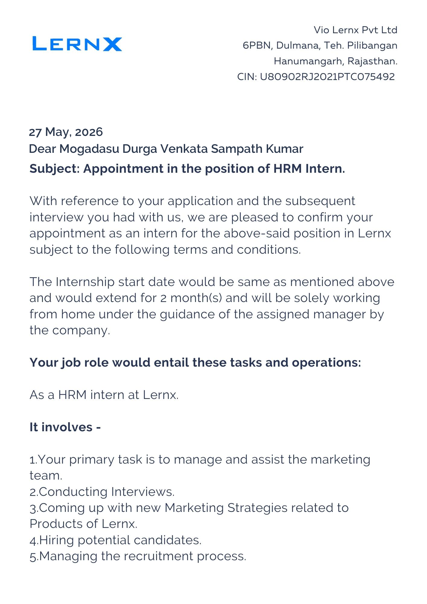 lernx Offer Letter Page 1