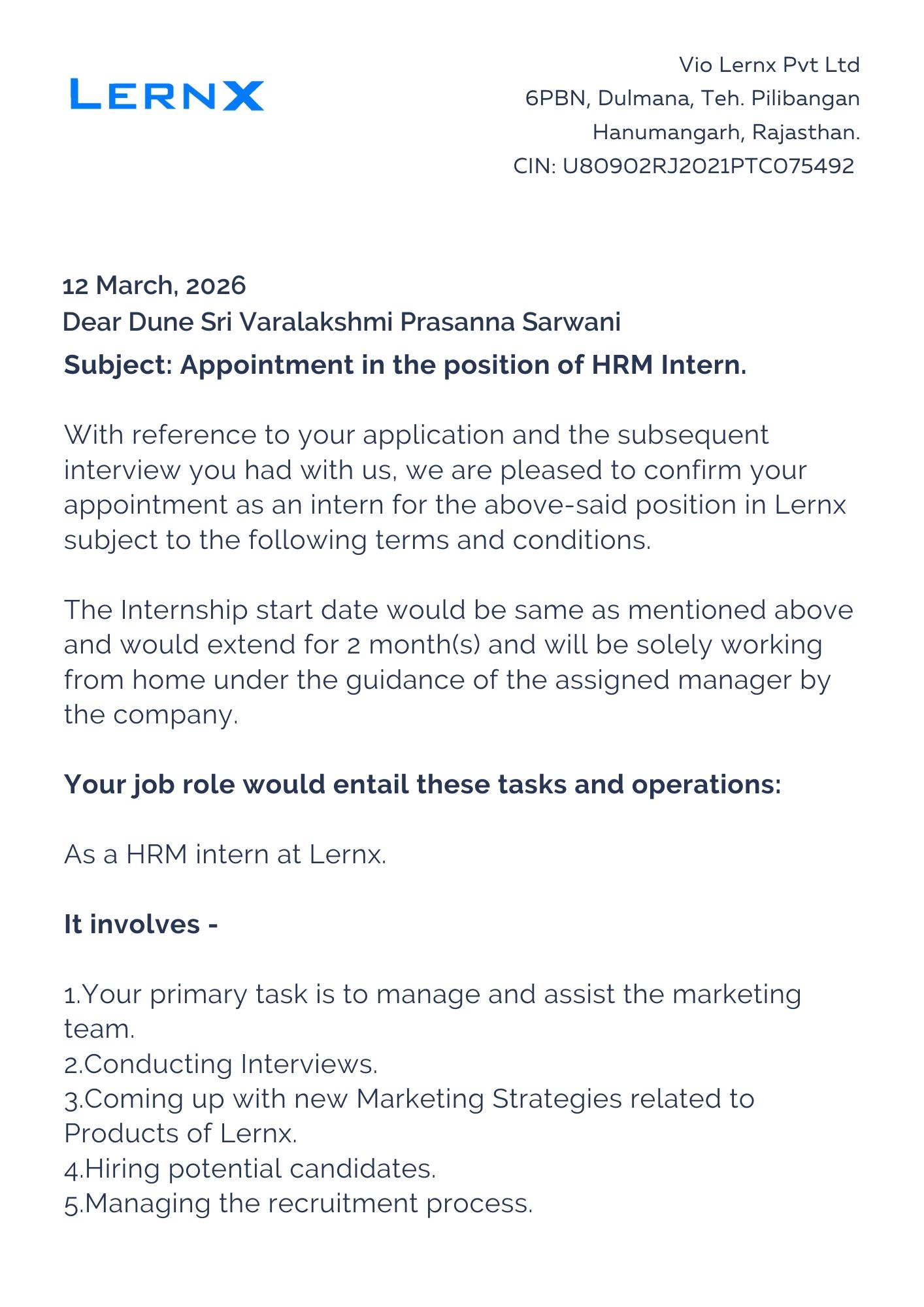 lernx Offer Letter Page 1