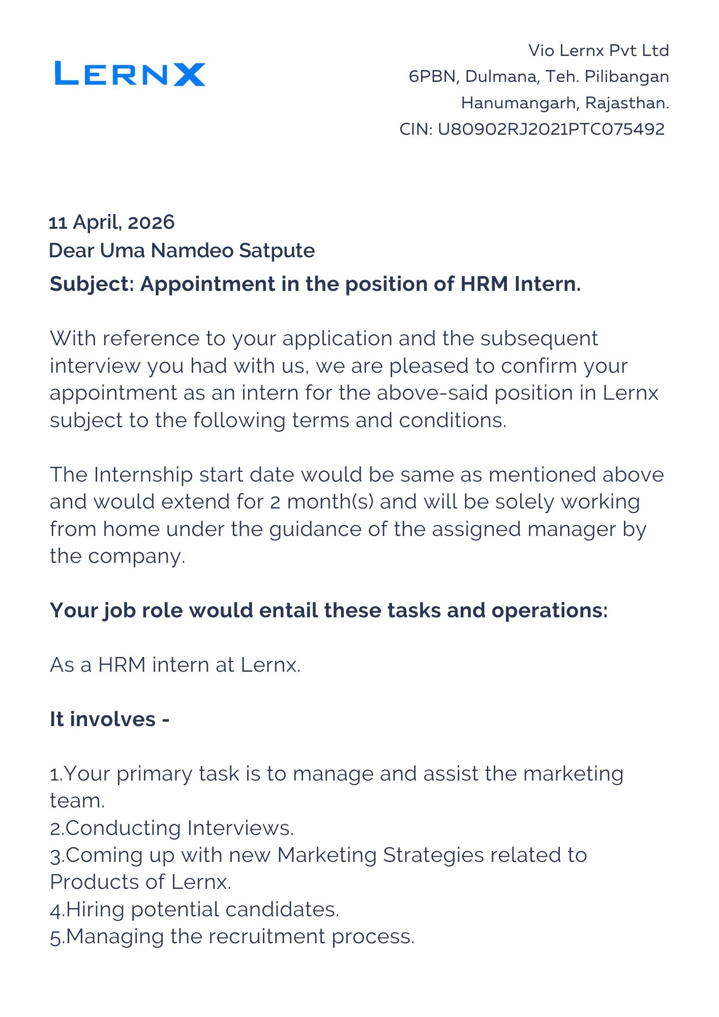 lernx Offer Letter Page 1