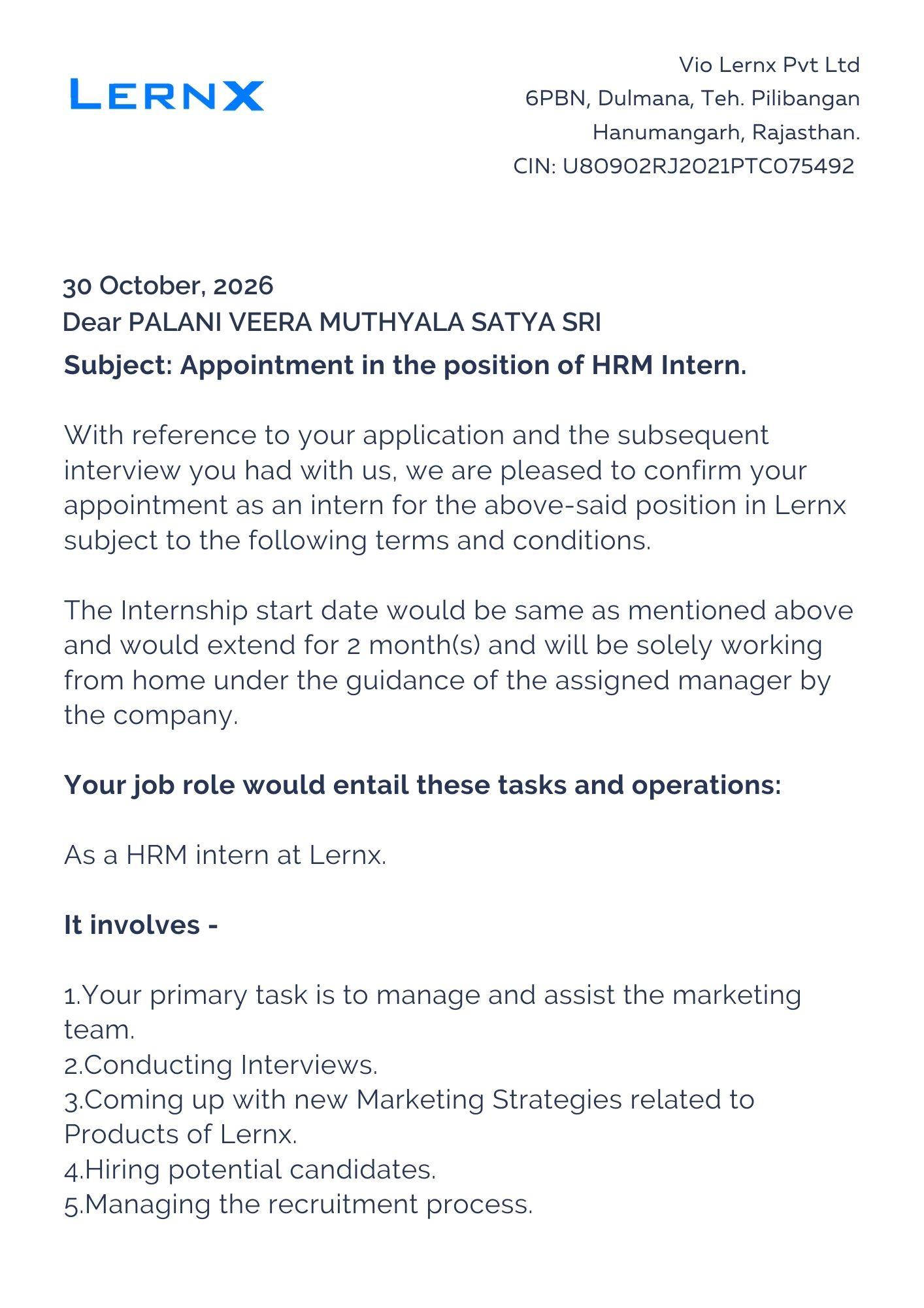 lernx Offer Letter Page 1