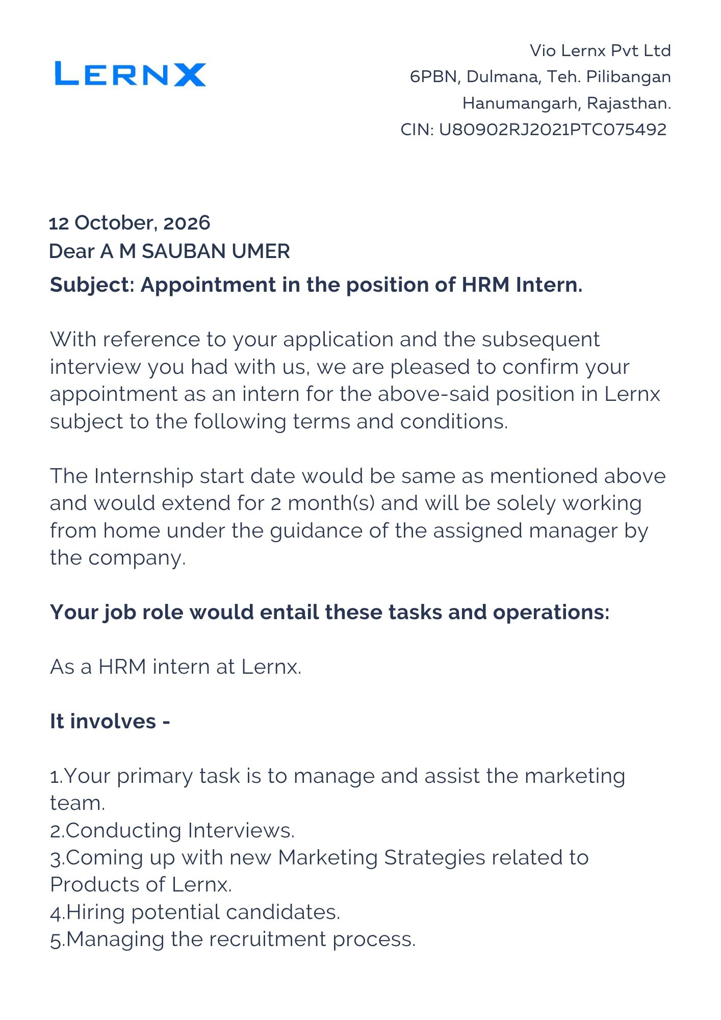 lernx Offer Letter Page 1