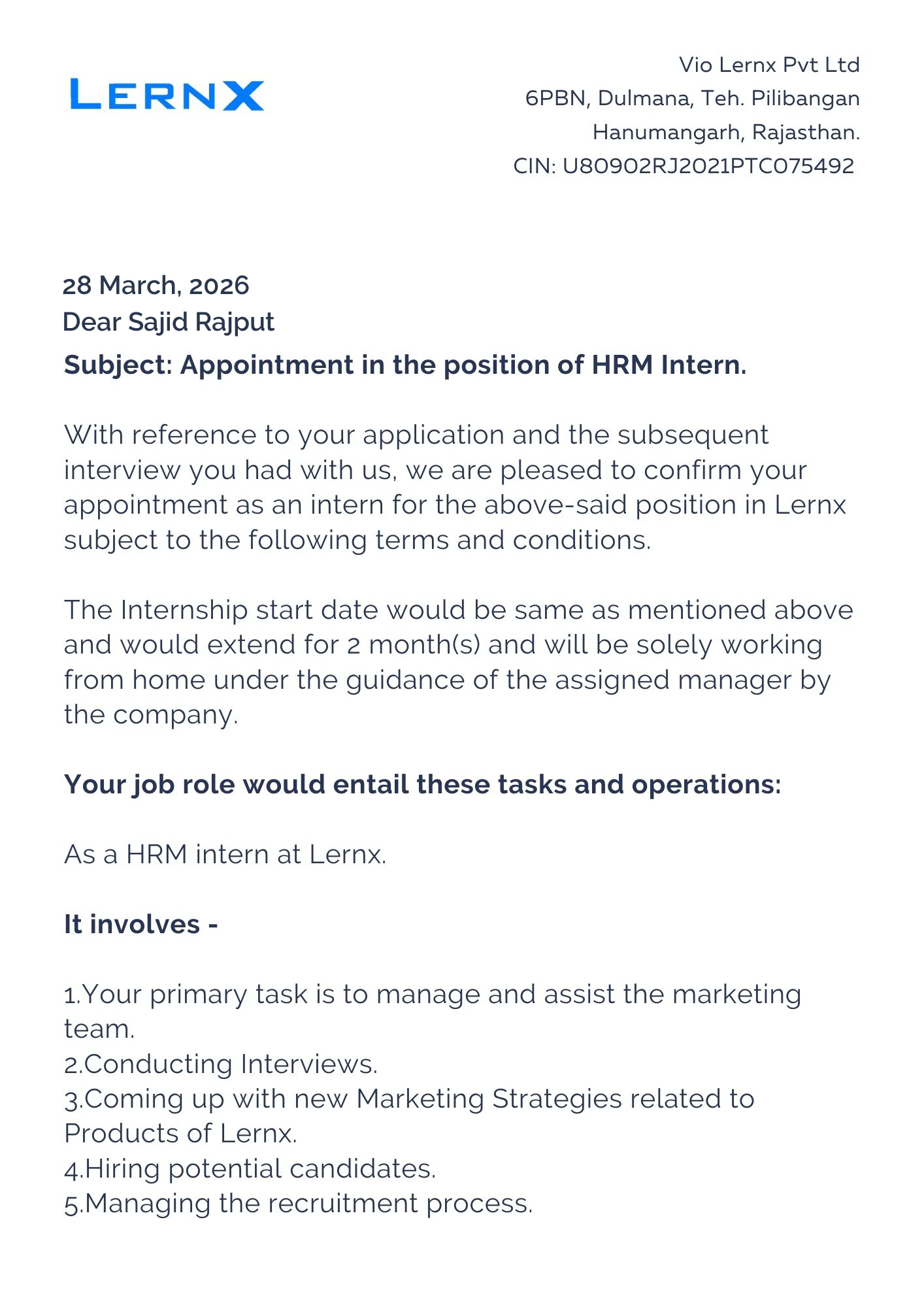 lernx Offer Letter Page 1