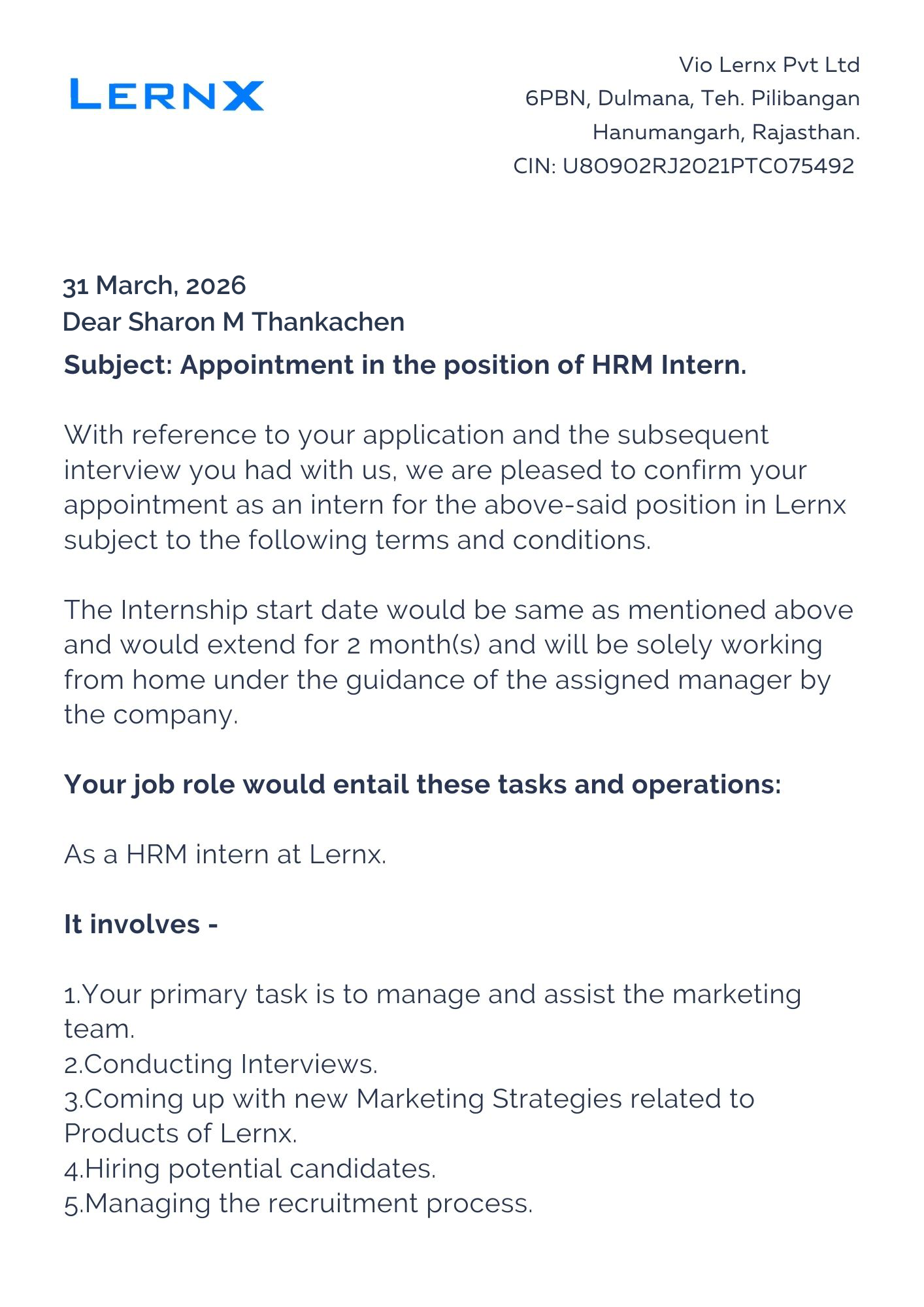 lernx Offer Letter Page 1