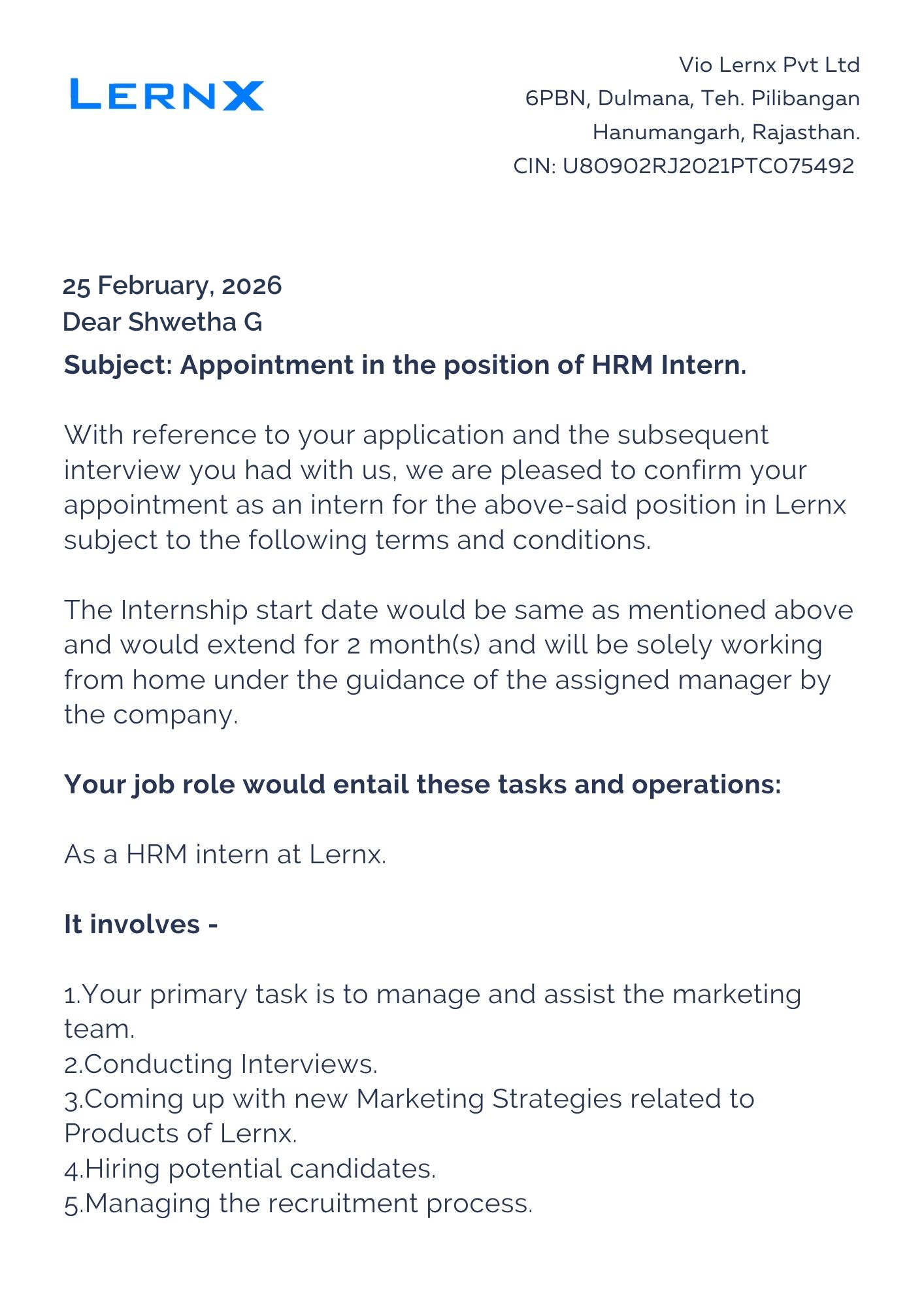 lernx Offer Letter Page 1